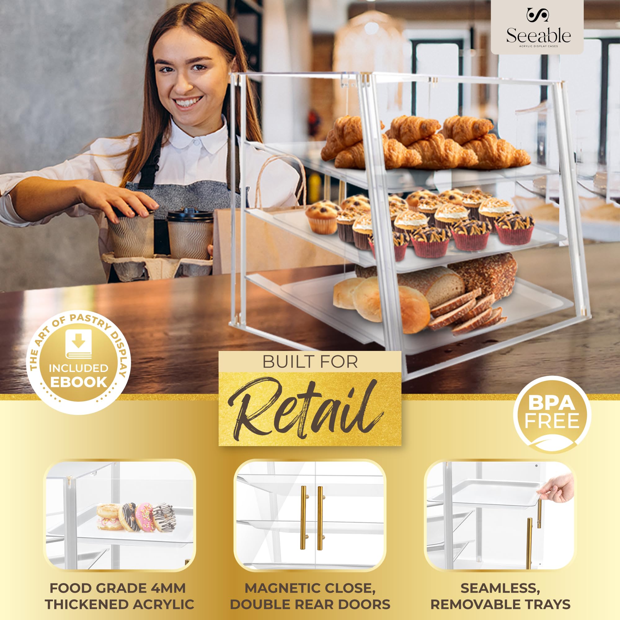 3-Tier Acrylic Bakery Display Case with Magnetic Doors, Removable Trays & Gold Trim - Countertop Pastry Showcase for Desserts, Cookies, Bread & Baked Goods (21