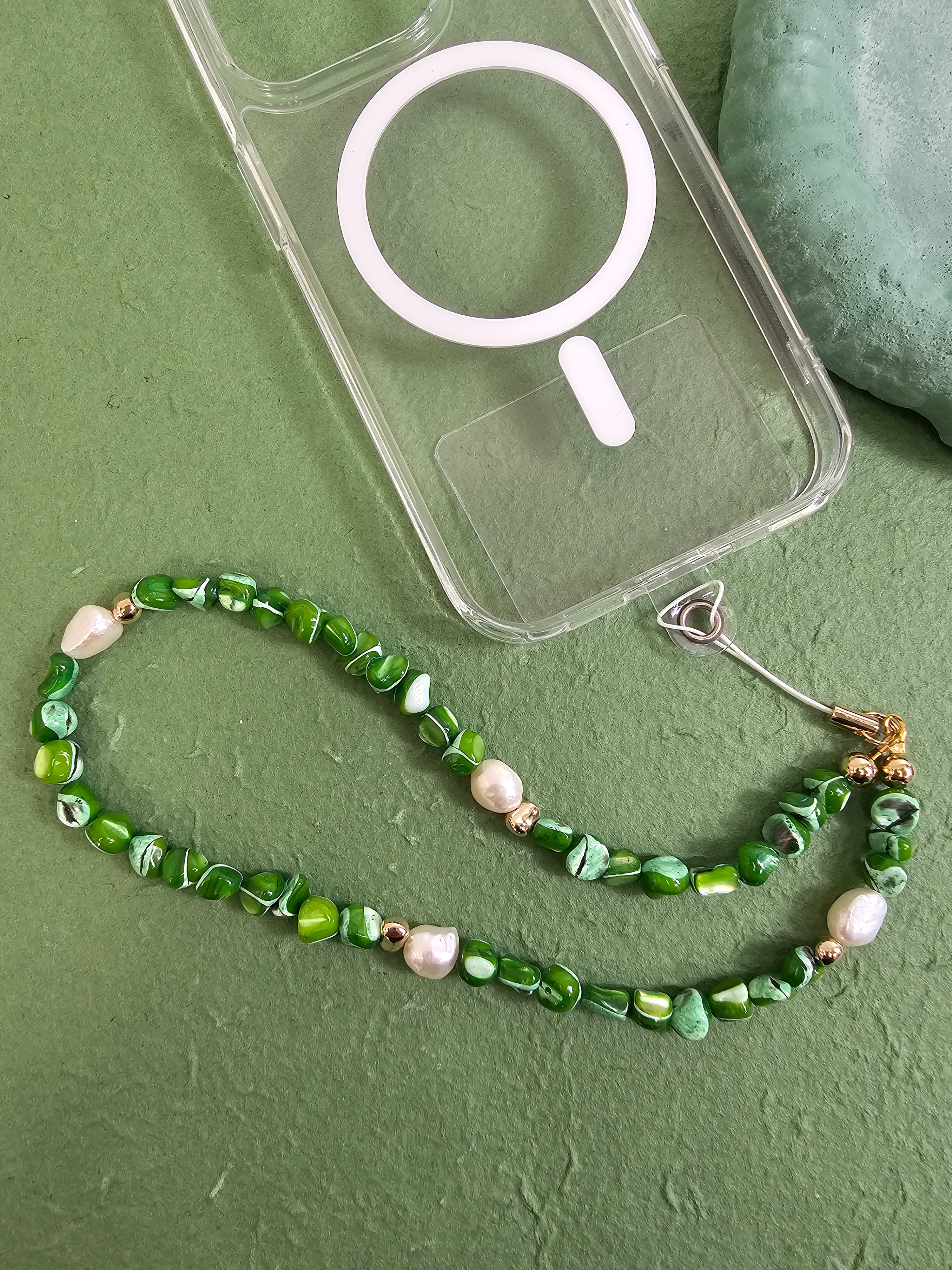 Elegant Green Shell & Freshwater Pearl Phone Strap PC011 - Perfect for Smartphones, Keys & Gift Giving