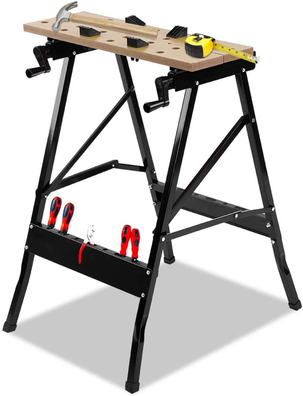 Multifunctional Folding Workbench with Quick Clamp Pegs & Tool Holders - Heavy Duty 220lbs Capacity Sawhorse for Carpenters, Builders & DIY Projects | Perfect for Workshop, Garage & Construction Sites