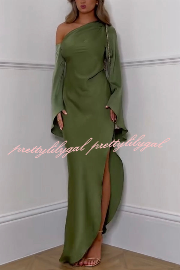 Zayla Women's Elegant Satin Asymmetrical One Shoulder Bell Sleeve Slit Maxi Dress for Evening Party, Wedding Guest, Prom & Special Occasions