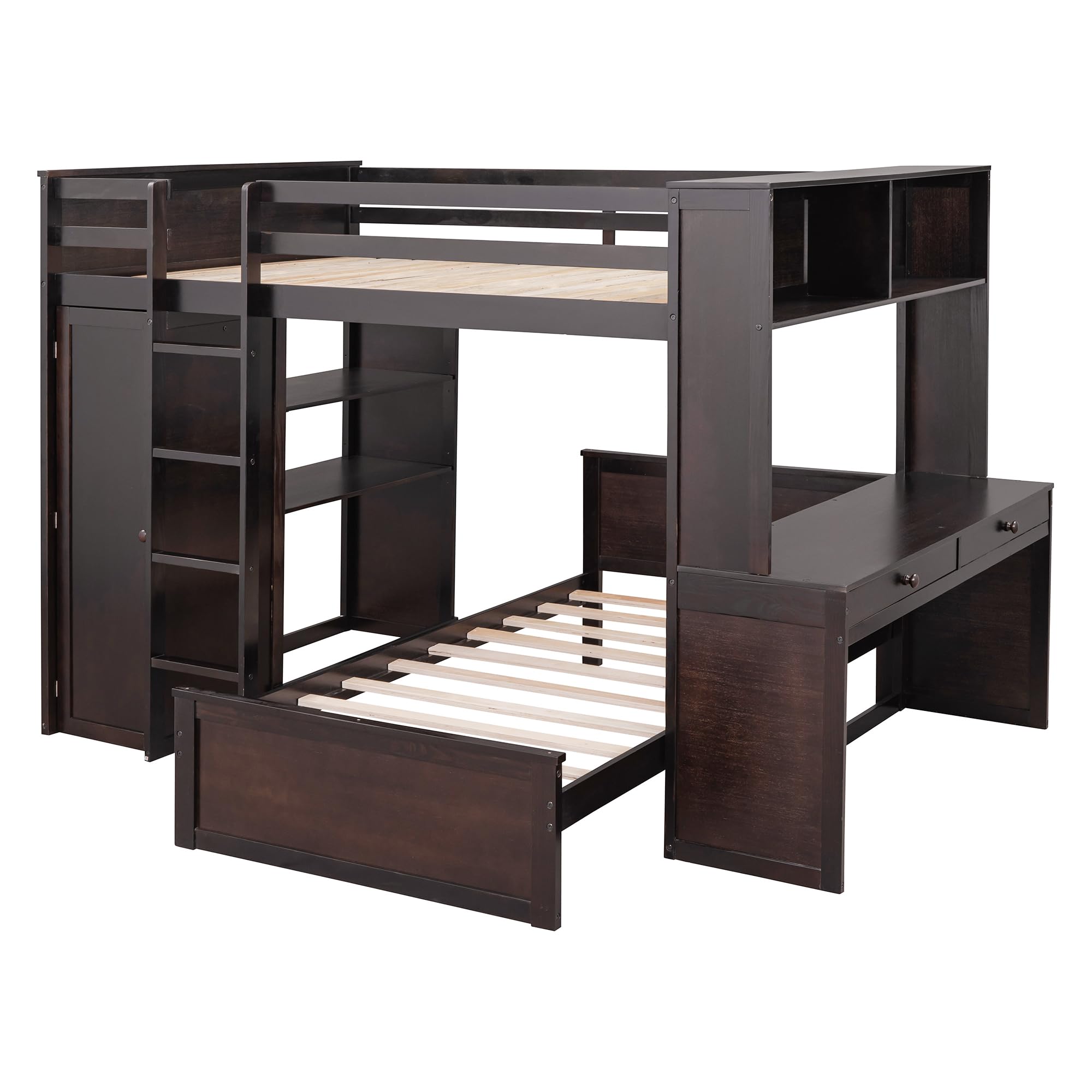 P PURLOVE Full Loft Bed with Desk for Kids - Twin Over Twin Bunk Bed with Wardrobe, Storage Drawers & Bookcase - Multifunctional Wooden Loft Bed Frame for Small Spaces - Perfect for Bedroom, Dorm Room or Kids' Room Organization