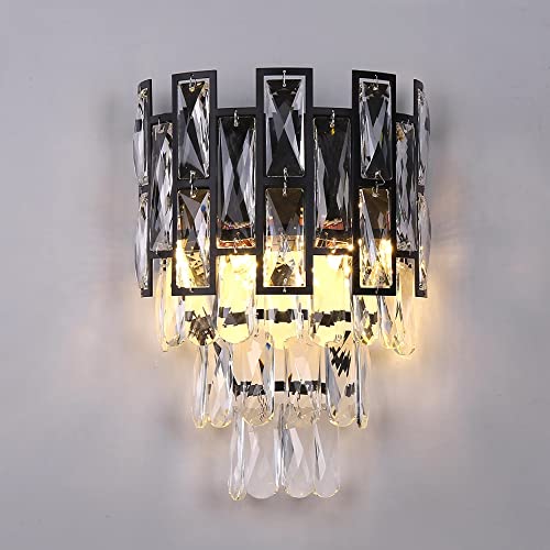 Modern Black Crystal LED Wall Sconce - Luxury Bedroom Night Light for Bedside & Home Decor - Energy Efficient Indoor Wall Lamp for Living Room, Hallway & Dormitory