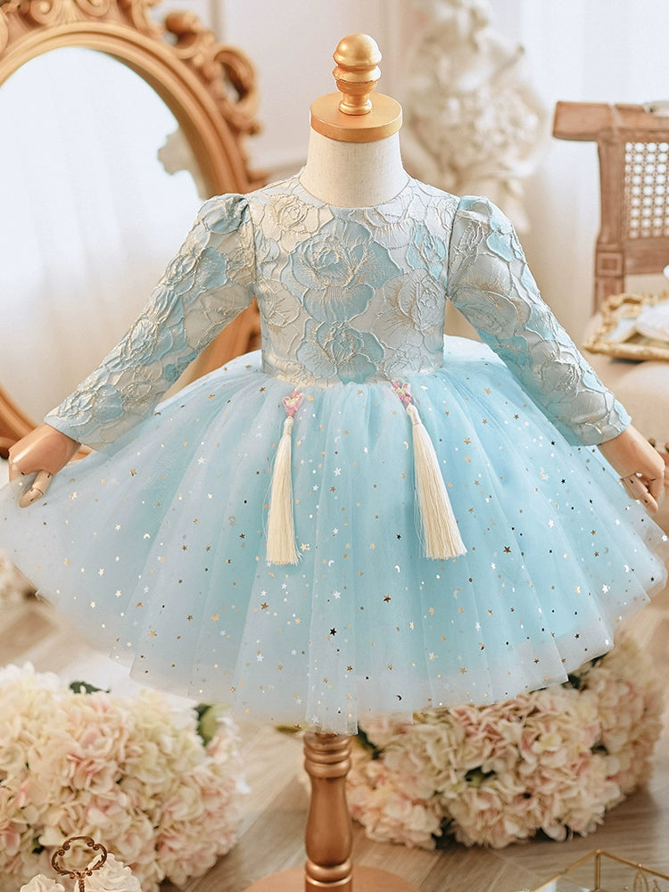Blue Princess Round Tea Length Lace Flower Girl Dress for Weddings, Baptisms & Special Occasions