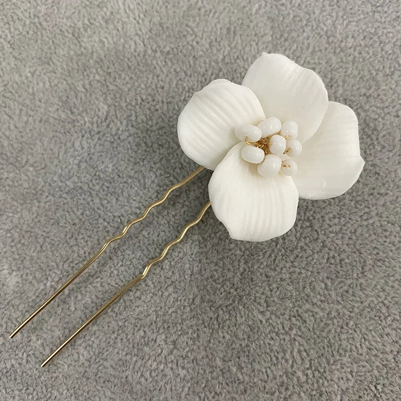 6PCS White Ceramic Flower Wedding Hair Pins - Handmade Bridal Hair Accessories for Women, Elegant Floral Hair Jewelry for Bridesmaids, Prom, Party & Special Occasions