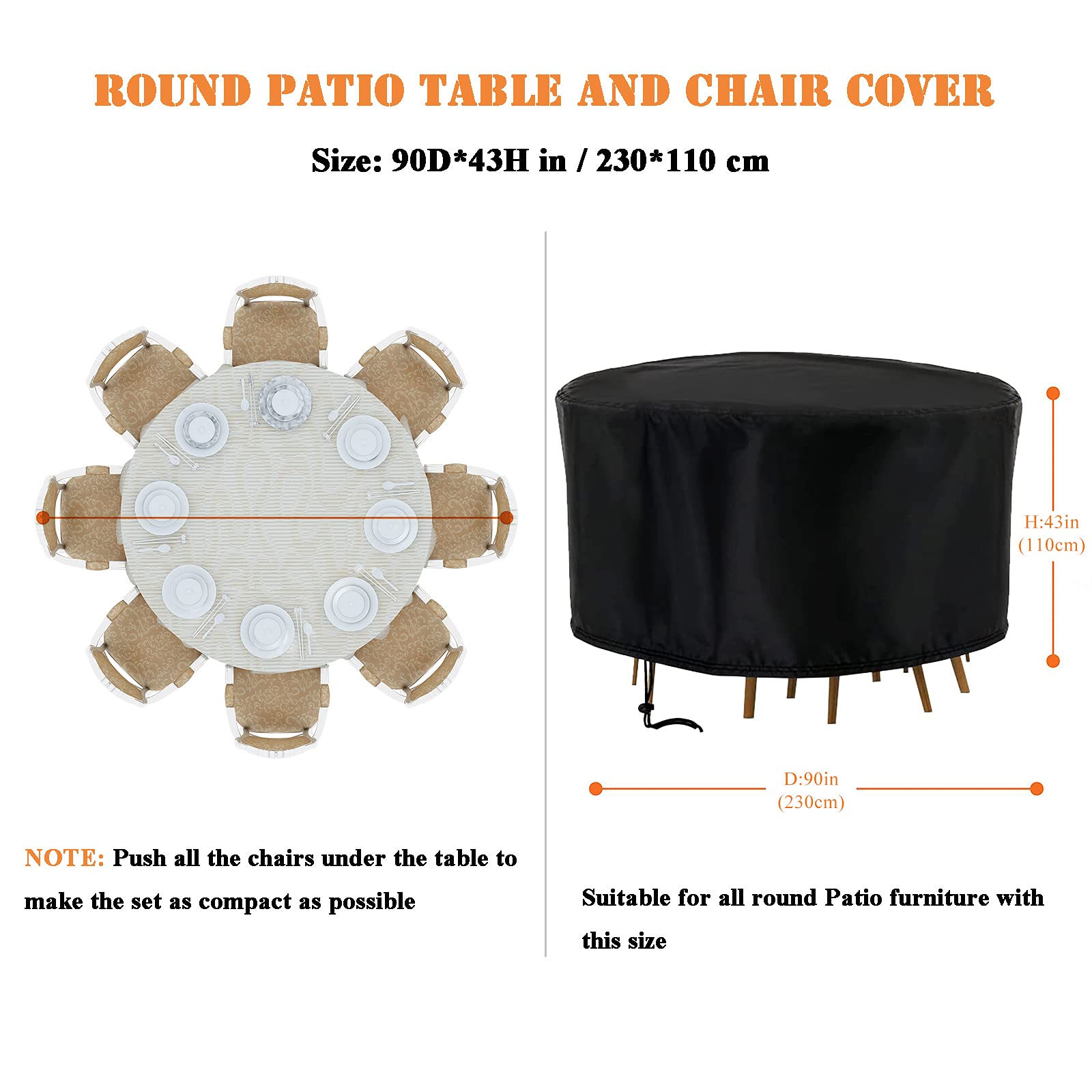 90D Waterproof Round Patio Table Cover 90 Inch - UV Resistant All-Weather Outdoor Furniture Protector for Dining Table & Chairs Set - Perfect for Backyard, Deck, Garden, and Poolside Use