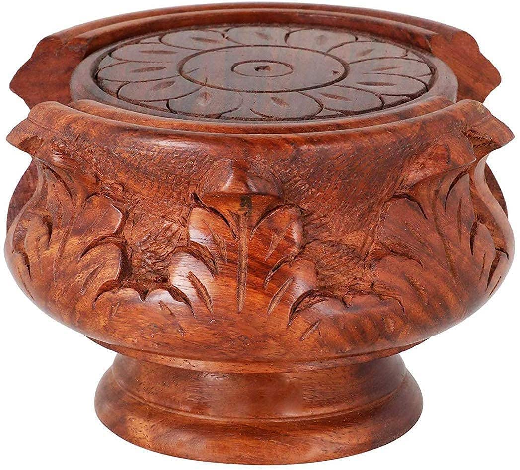 Handmade Wooden Coaster Set of 6 with Decorative Holder - Natural Carved Tabletop Drink Coasters for Coffee, Tea, Beer & Wine Glasses - Perfect for Home, Office & Bar Use