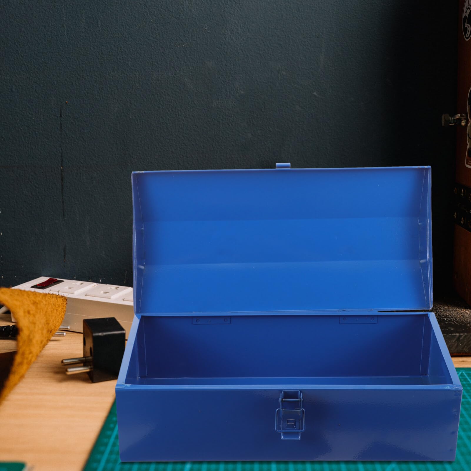 DOITOOL Small Metal Tool Box - Portable Steel Tool Organizer with Hip Roof Design & Secure Metal Latch | Compact 13.95x6.68x4.52 Inch Blue Tool Storage Box for DIY, Home Repair, Car Maintenance & Workshop Organization