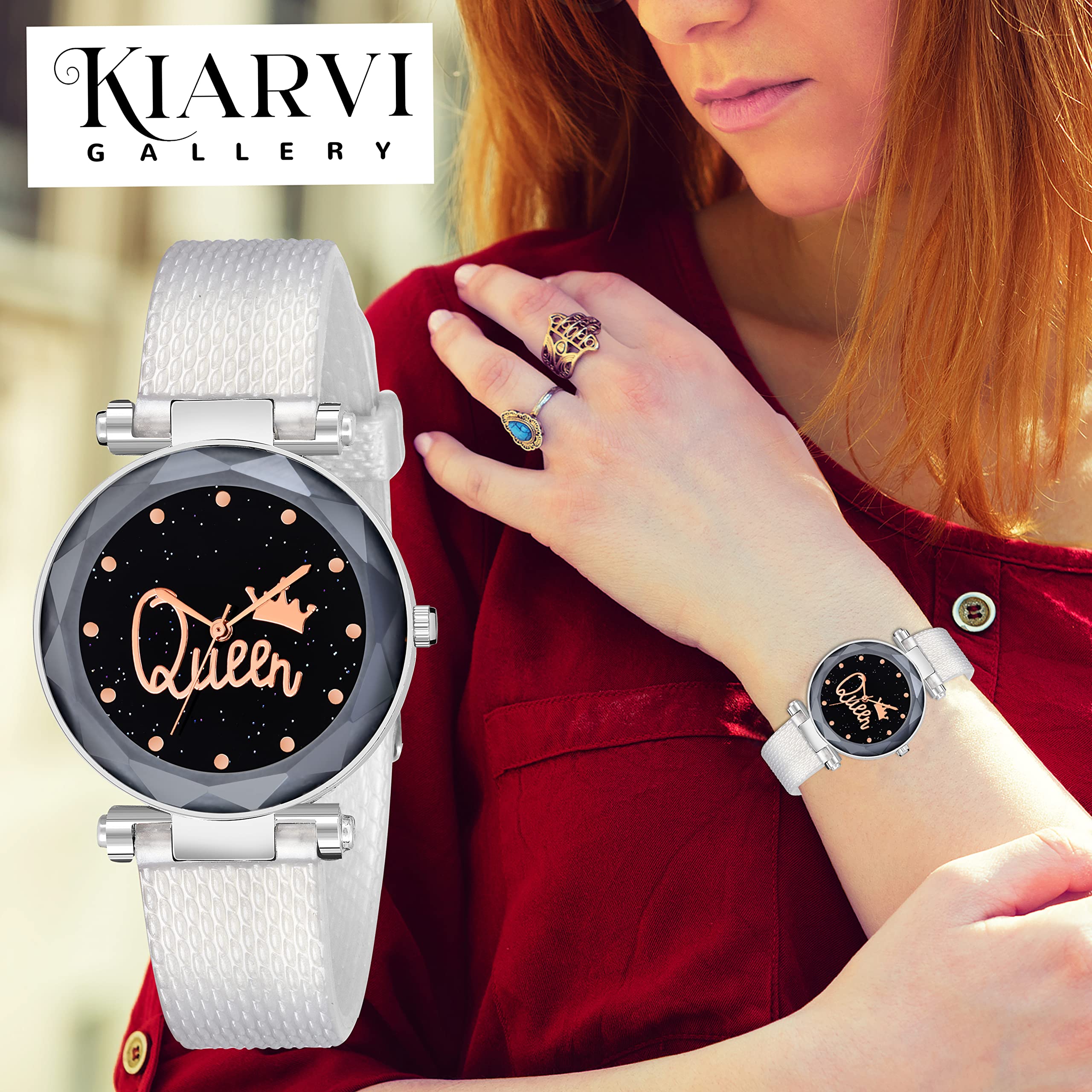 KIARVI GALLERY Silver Queen Dial Analog Watch for Women & Girls - PU Leather Strap, Silver Tone - Perfect for Daily Wear, Office & Special Occasions