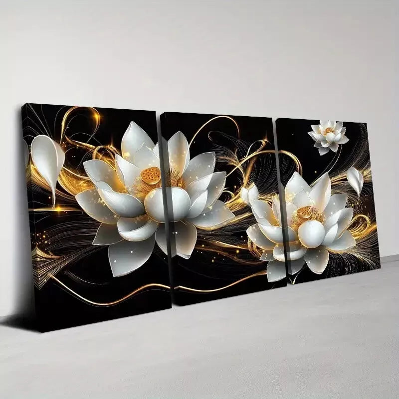 3-Piece Lotus Floral Design with Golden Accents Framed Canvas Art Set - 50x70cm High Quality Print - 100% Australian Made - Ready to Hang Wall Decor for Living Room, Bedroom & Office