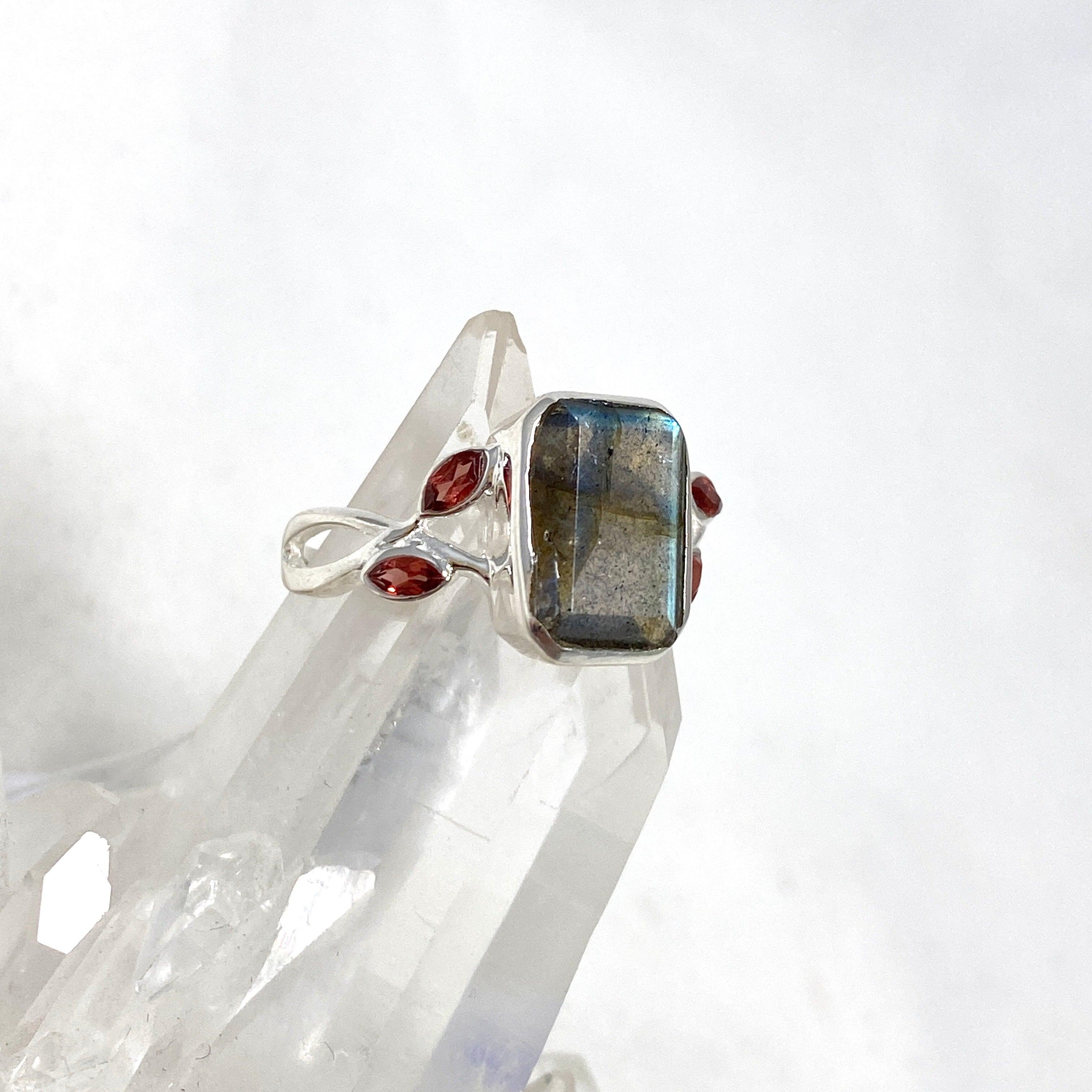 Labradorite Faceted Rectangular Multistone Ring with Botanical Details R3806 - Elegant Gemstone Jewelry for Women, Perfect for Weddings, Parties & Special Occasions