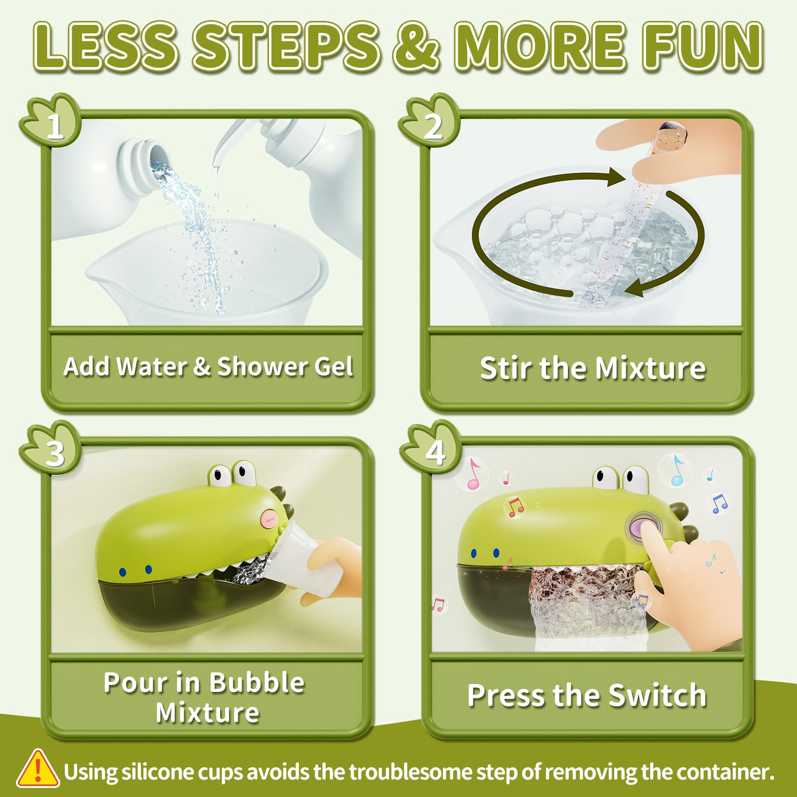 Lehoo Dinosaur Bubble Bath Toy Machine with Music - Fun Toddler Bath Toys for Boys & Girls Ages 1-3 - Green Castle Bath Time Play Set for Kids | Perfect for Bathtub Fun, Sensory Play & Early Learning