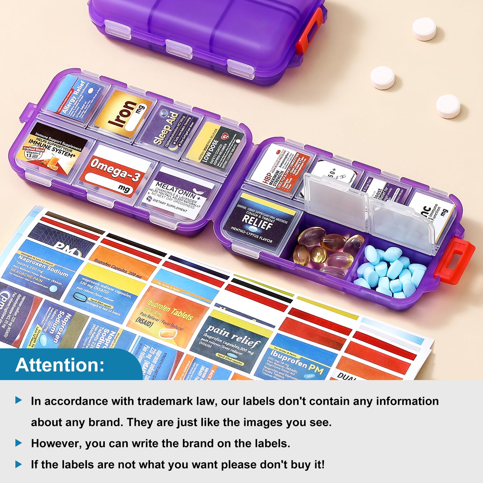 14-Grid Travel Pill Organizer Box with 415 Medicine Labels - Portable Daily Pharmacy Case for Vitamins, Fish Oil & Supplements - Clear Purple - Perfect for Travel, Home & Office Medication Storage