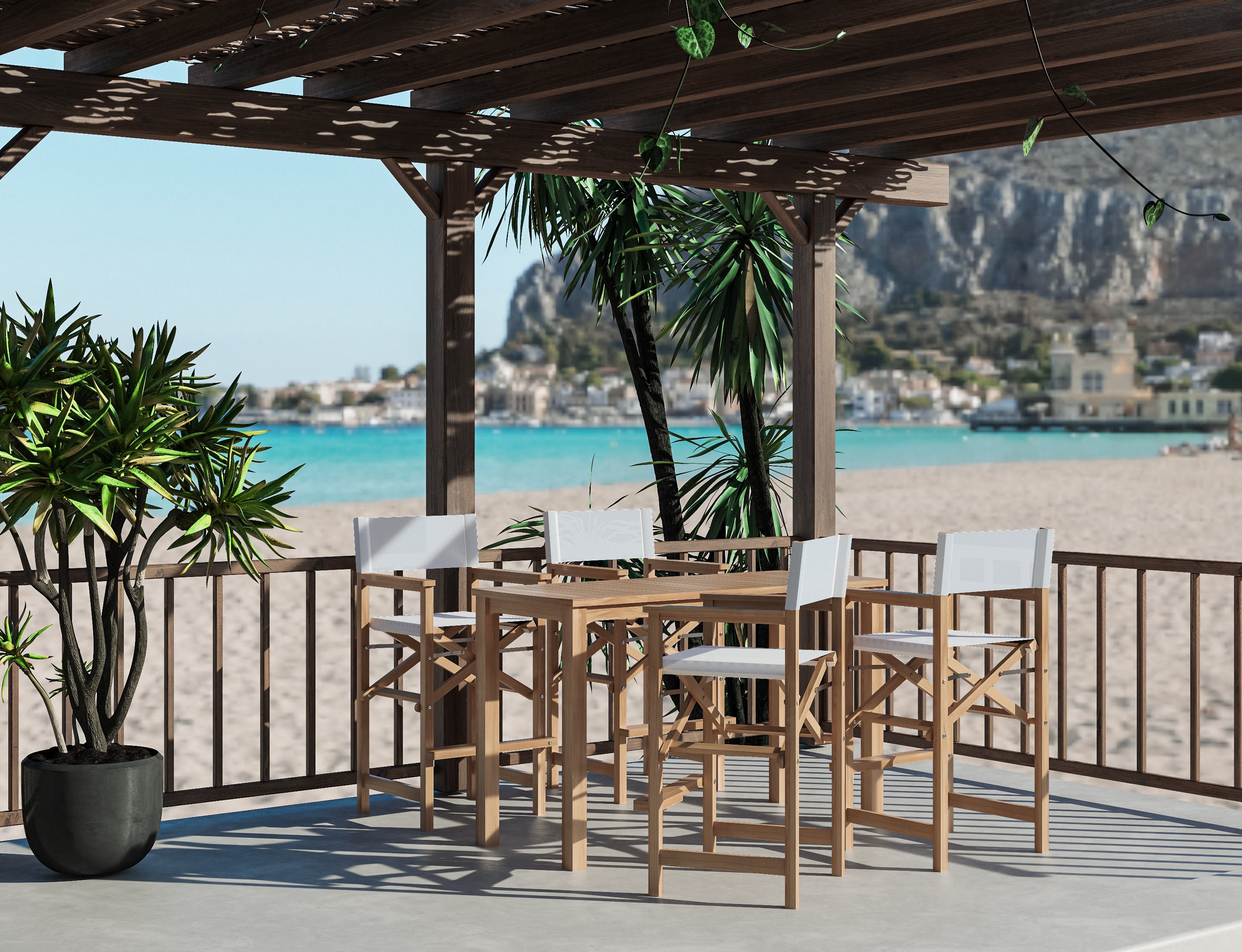 5-Piece White Teak Outdoor Counter Height Dining Set with Folding Armchairs - Perfect for Patio, Garden, and Poolside Entertaining