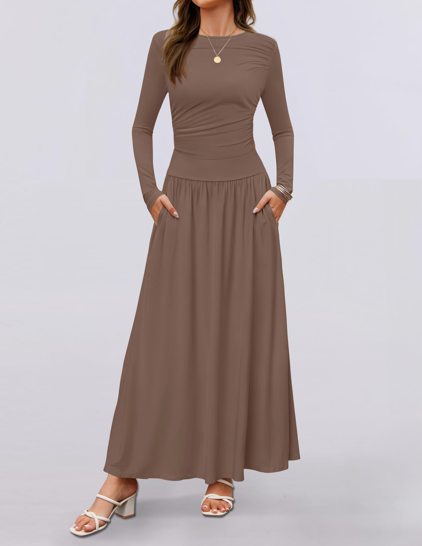 ZESICA Women's Long Sleeve Maxi Dress 2025 - Crewneck Knit Casual Swing Dress with Pockets | Spring Slim Pleated Flowy Dress for Date Night, Office & Vacation