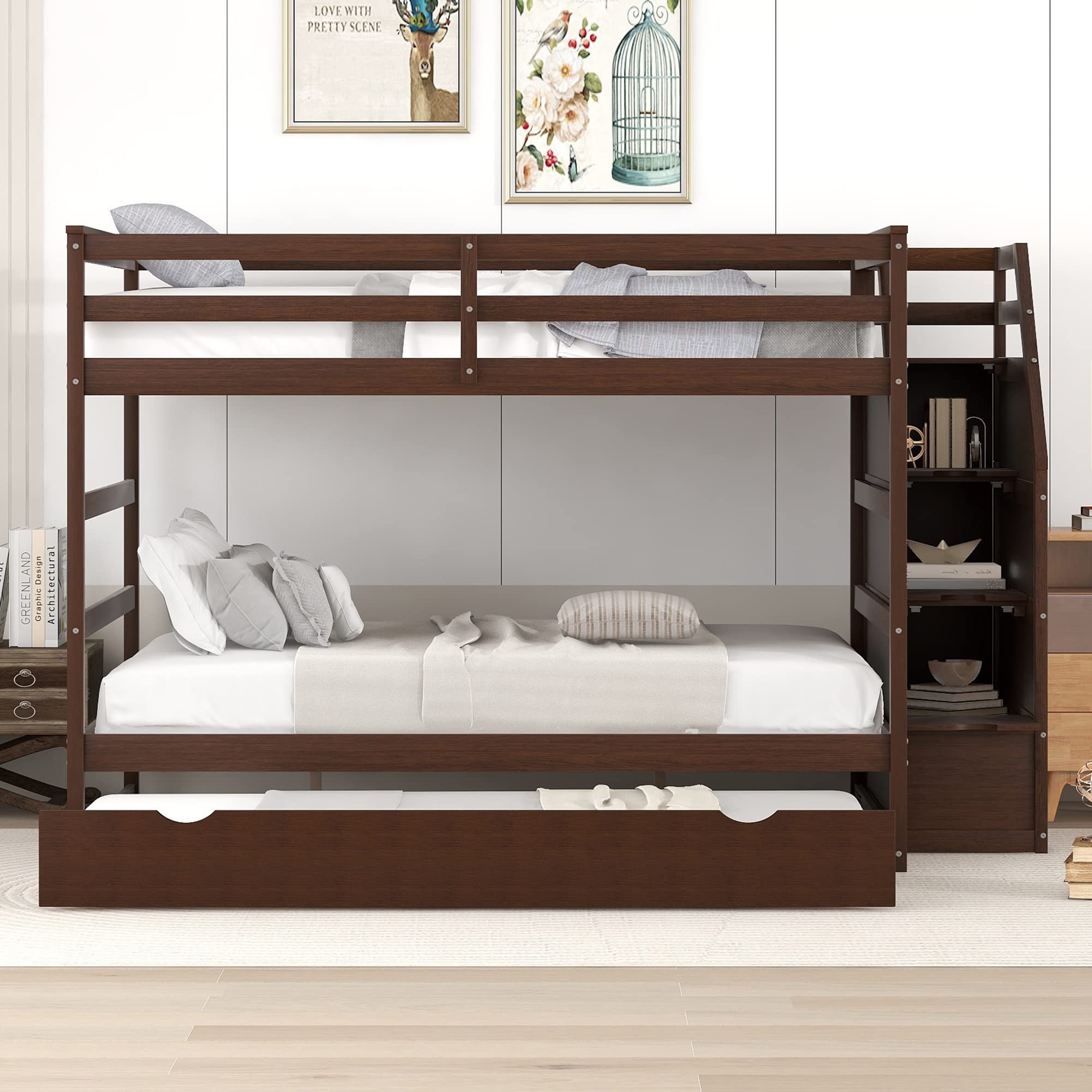 RUNWON Full-Over-Full Bunk Bed with Twin Trundle & 3 Storage Stairs - Space-Saving Kids Bedroom Furniture for Siblings or Sleepovers, No Box Spring Needed - Perfect for Small Rooms, Guest Rooms & Vacation Homes