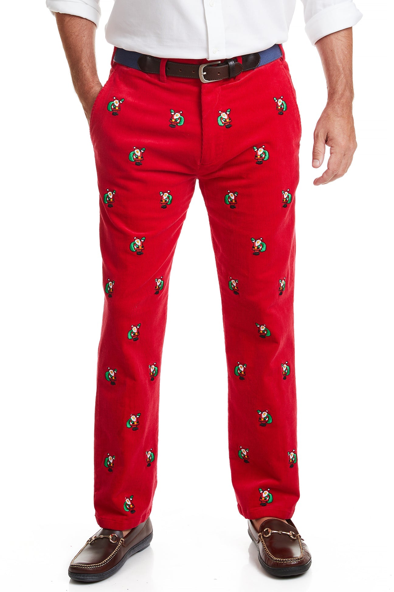 Beachcomber Corduroy Pants for Men - Crimson Red Casual Trousers with Santa Print | Perfect for Christmas, Holiday Parties & Winter Fashion
