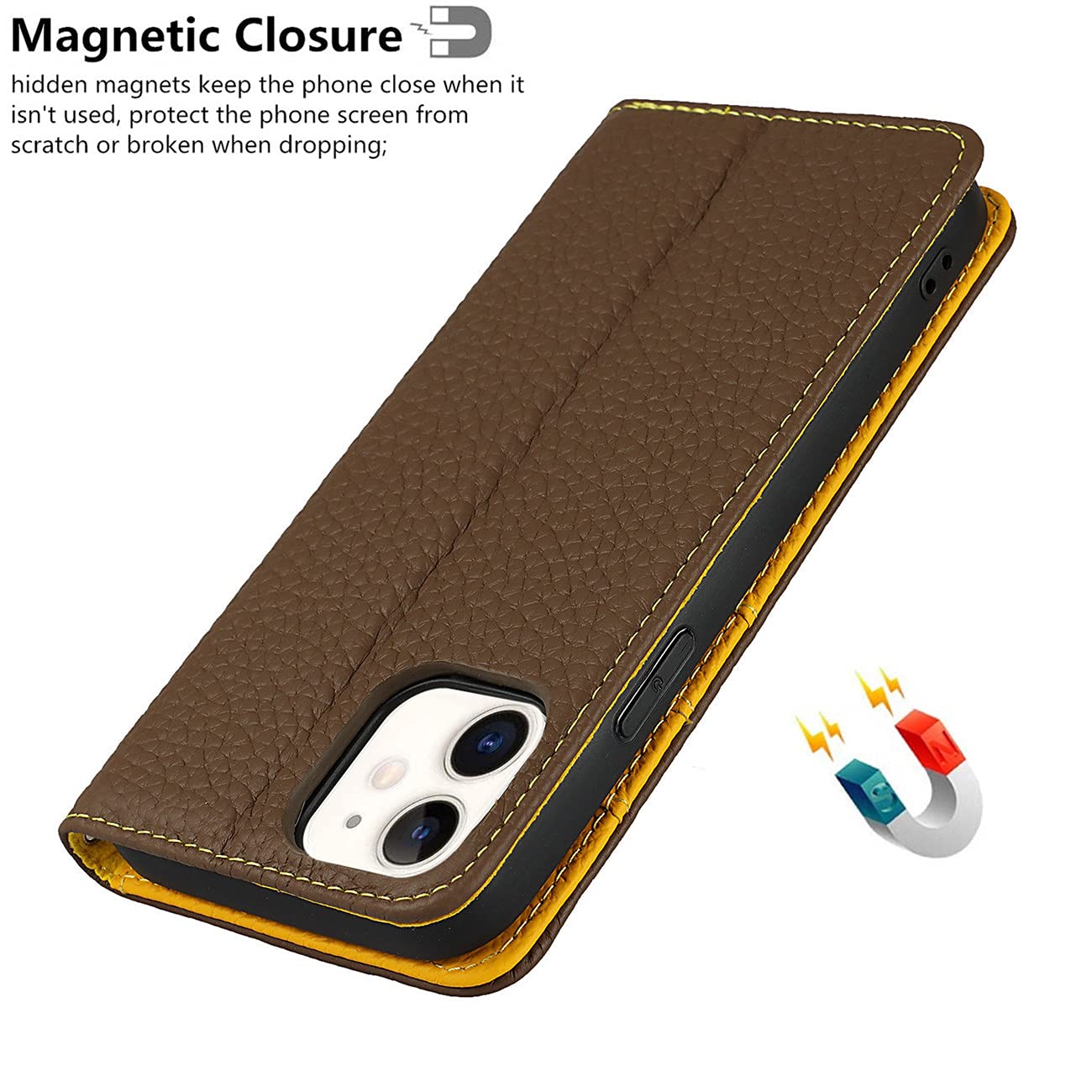 Premium Genuine Leather iPhone 12 Mini Wallet Case with RFID Blocking - Magnetic Flip Cover with Credit Card Slots & Wrist Strap (5.4 Inch, Brown) | Perfect for Everyday Use, Travel Protection & Contactless Payment Security