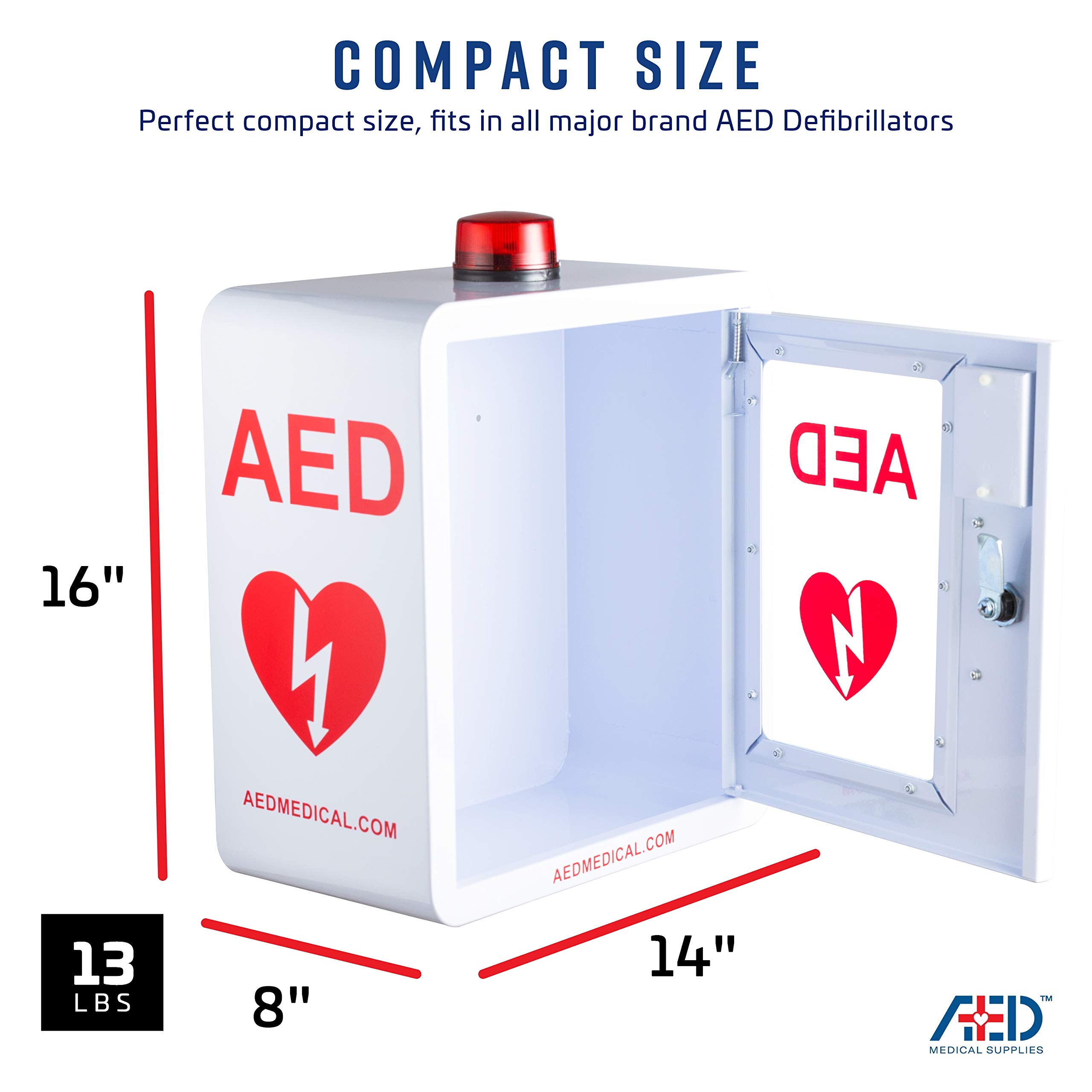 Stainless Steel AED Cabinet - 14 x 8 x 15.5 Inch Wall Mount Defibrillator Storage with Emergency Strobe Light & Alarm | Compact Surface Mount Medical Cabinet for Hospitals, Schools & Public Spaces