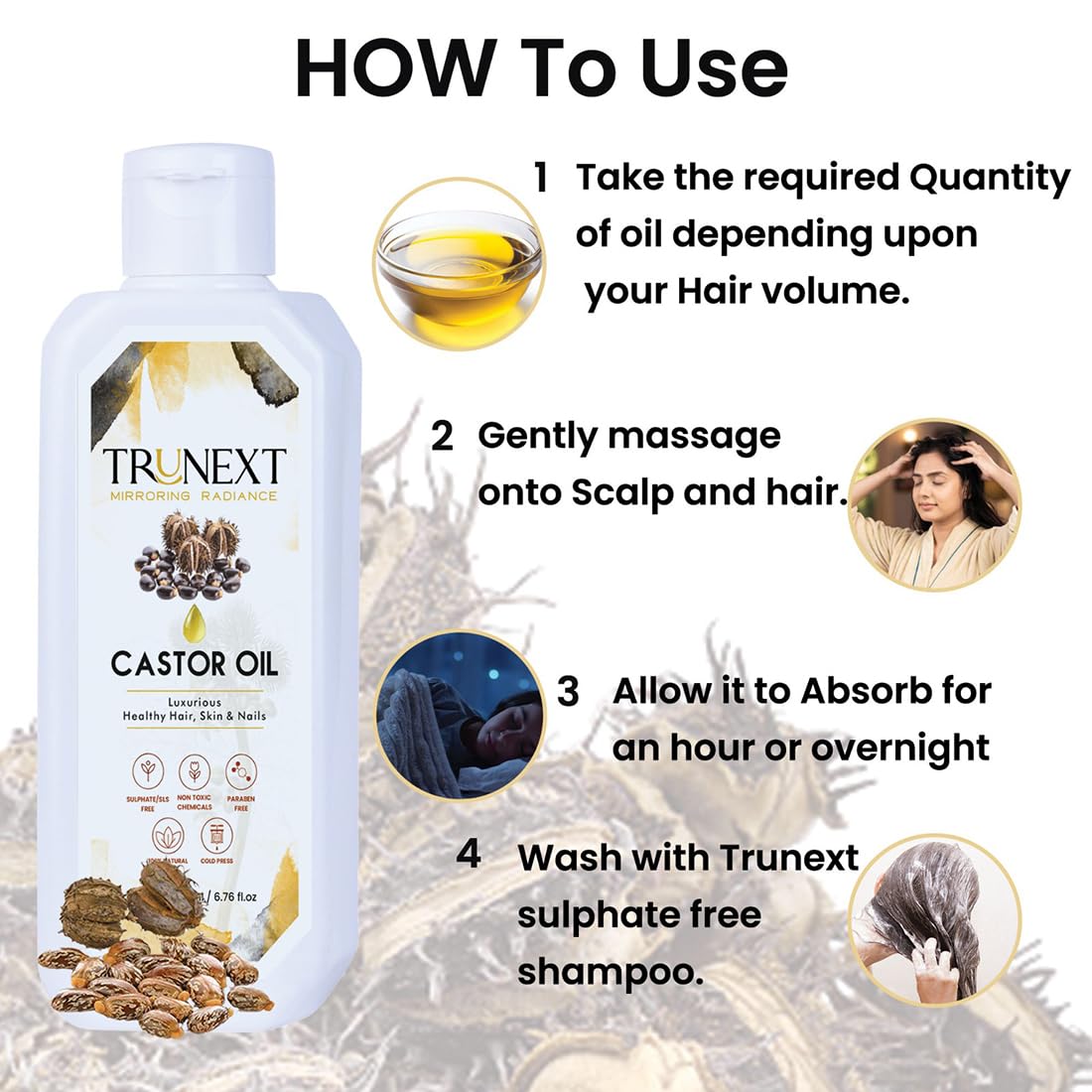 TRUNEXT Pure Cold Pressed Castor Oil for Hair Growth, Skin & Nails - 100% Natural Moisturizer & Treatment - 200ml - Perfect for Hair Care, Eyelash Growth & Dry Skin Relief
