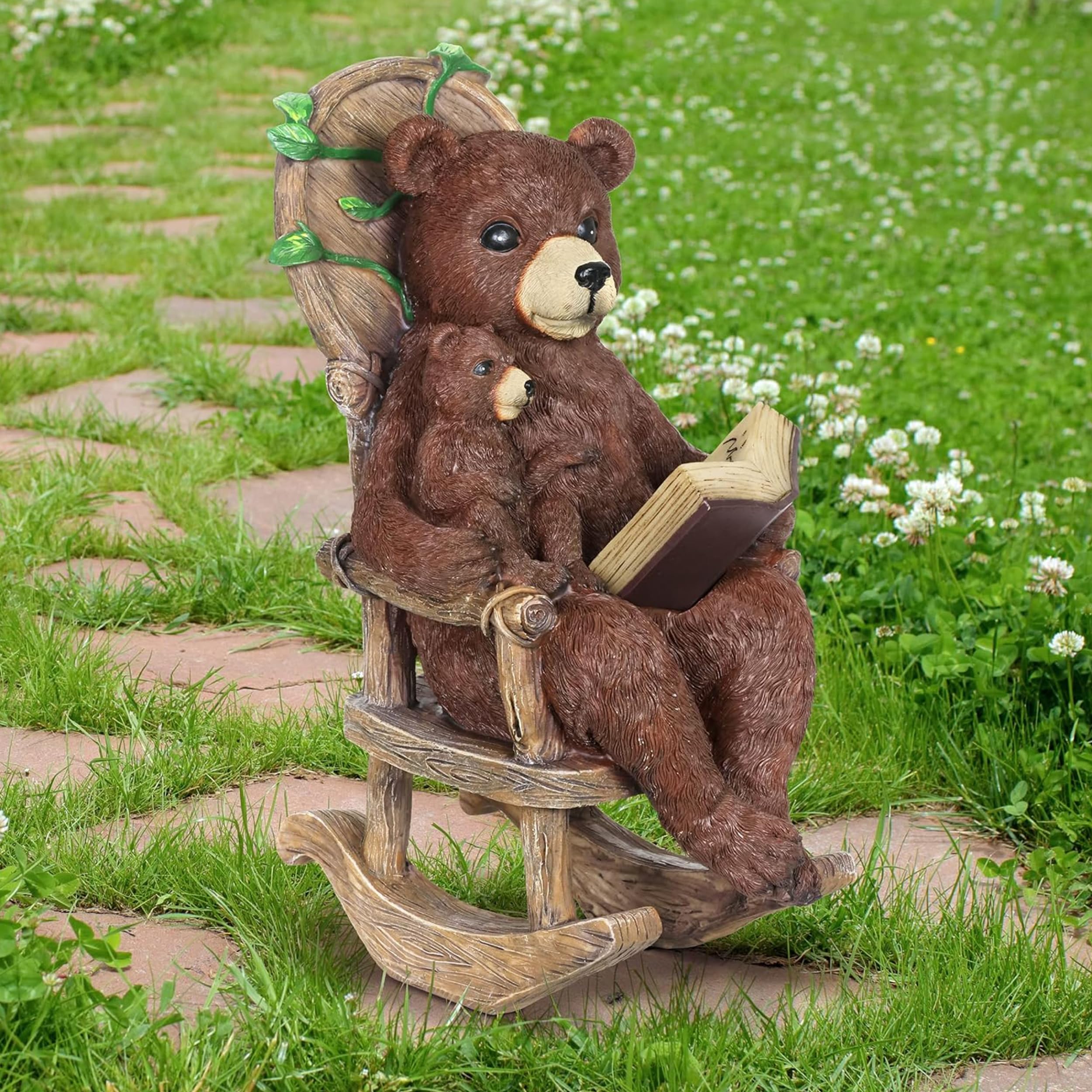 Solar-Powered Bear Family Reading Statue with LED Book – Outdoor Garden Decoration for Patio, Lawn & Yard – 9 x 12.5 Inch Exhart Garden Sculpture – Perfect for Storybook Gardens & Cozy Outdoor Spaces