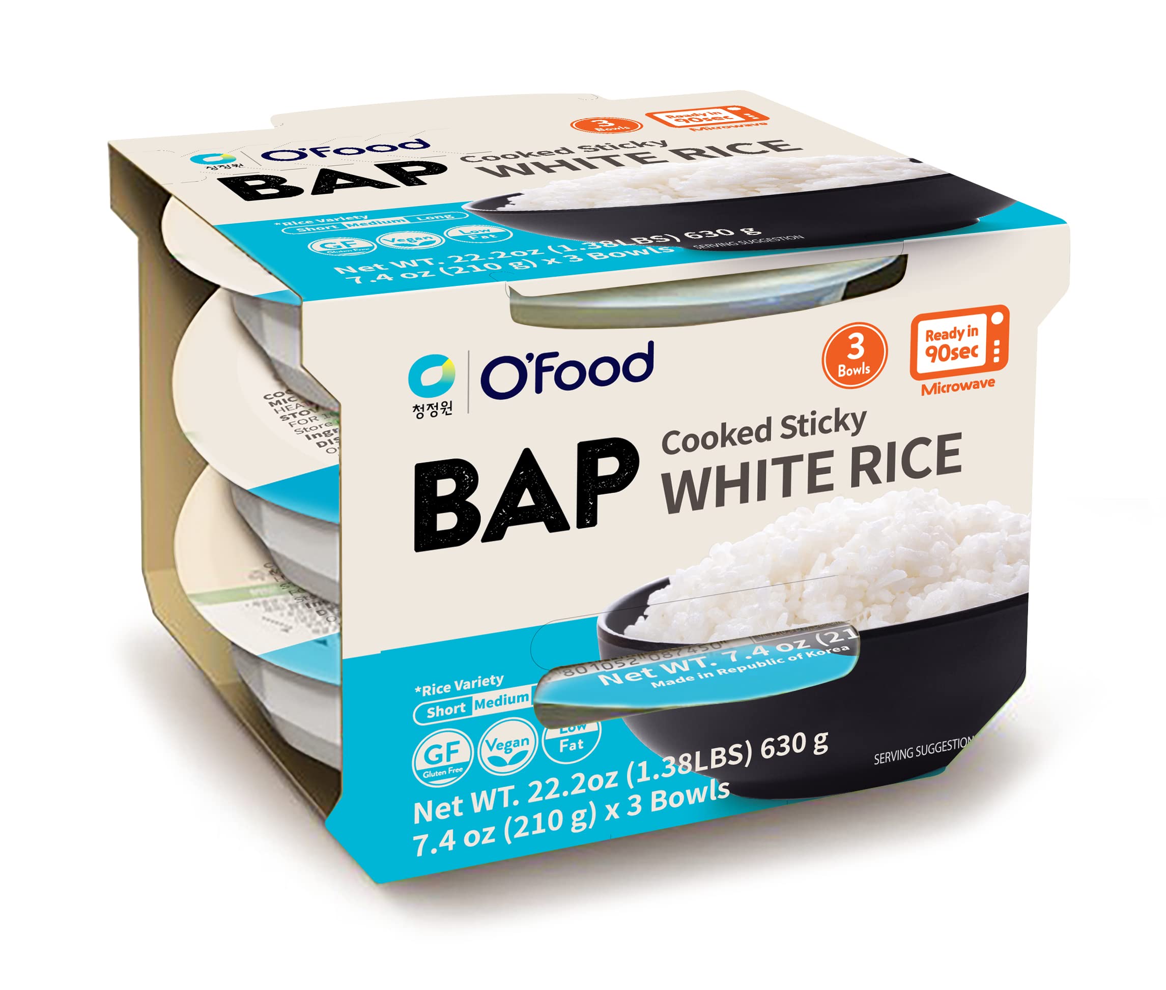 O'Food BAP Instant Rice (Pack of 3) | Korean Cooked White Sticky Rice | Microwaveable & Gluten-Free | Asian Pantry Staple | Perfect with Kimchi, Noodles & Soup | Quick Meal Prep for Office Lunch, Camping & Busy Weeknights