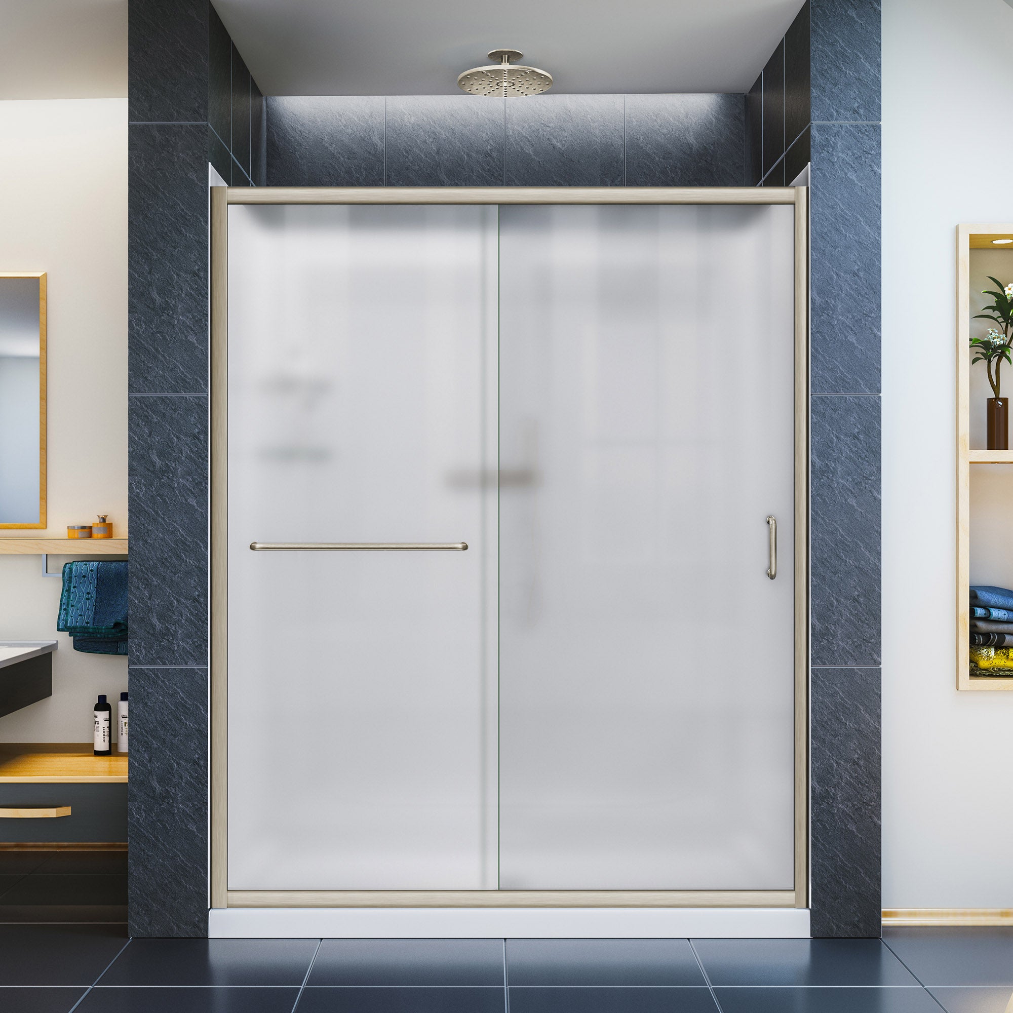 DreamLine Infinity Z 34x60x76.75 Inch Semi-Frameless Sliding Shower Door with Shower Base & QWALL 5 Backwall Kit - Frosted Glass for Modern Bathroom Renovation & Spa-Like Shower Experience