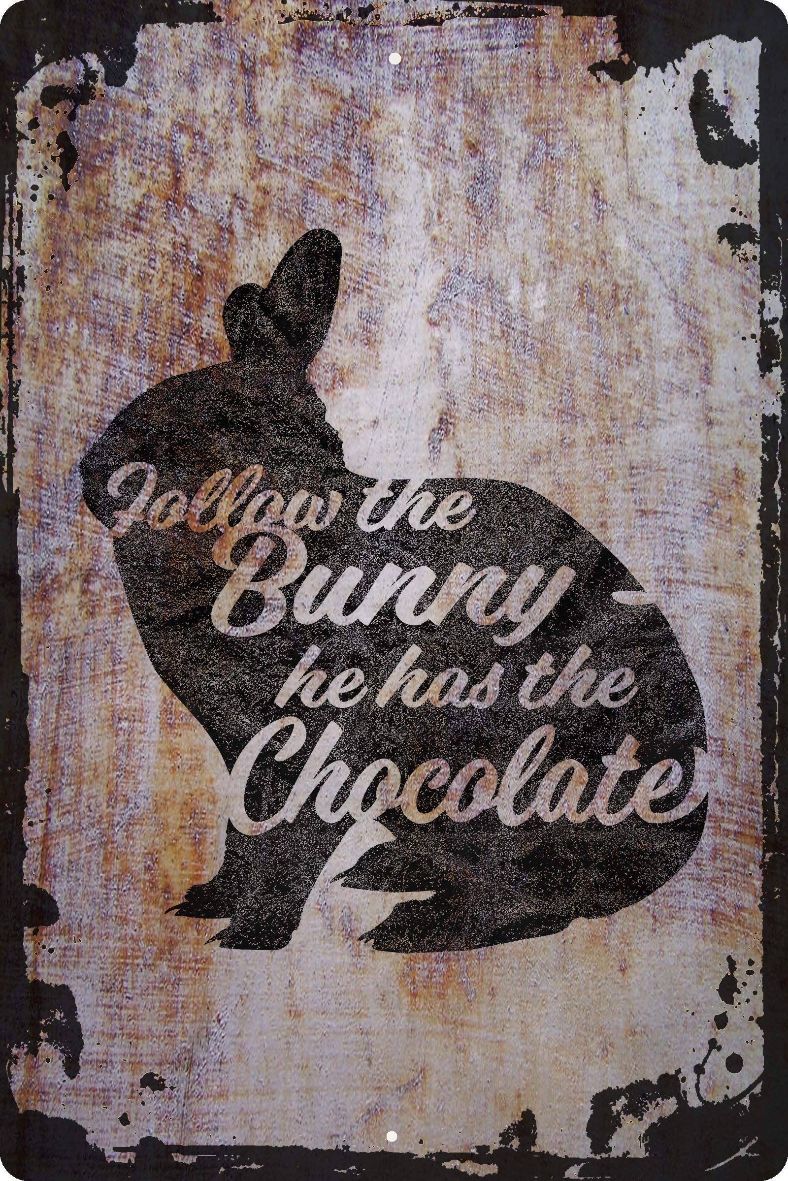 Funny Easter Bunny Wall Sign - Follow the Bunny for Chocolate - Decorative Art Wall Decor - Perfect for Easter Basket Gifts & Spring Home Decor