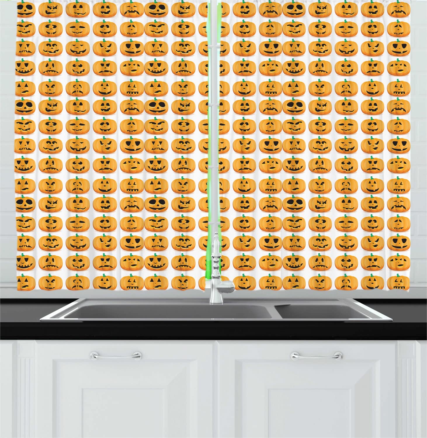 Ambesonne Autumn Pumpkin Kitchen Curtains - Halloween Jack O'Lantern Print Drapes with Rod Pocket, 55