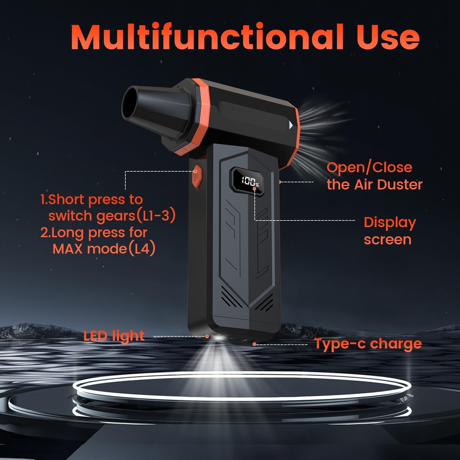 350,000 RPM Turbo Jet Compressed Air Duster with LED Display - 4-Speed Adjustable Electric Air Blower for Keyboard Cleaning, PC Maintenance, Car Detailing & Home Dusting | Replaces Canned Air (Orange)
