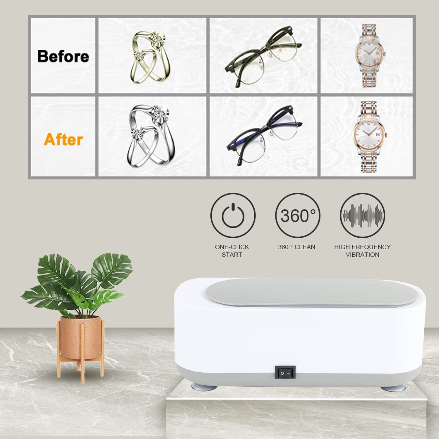 Portable Ultrasonic Jewelry Cleaner 250ML for Jewelry & Watches - Home & Travel Use