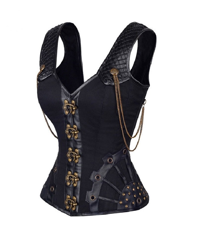 Black Satin Leather Steampunk Corset Top with Shoulder Straps & Waist Cincher - Gothic Victorian Overbust Bustier for Cosplay, LARP & Burlesque Costumes