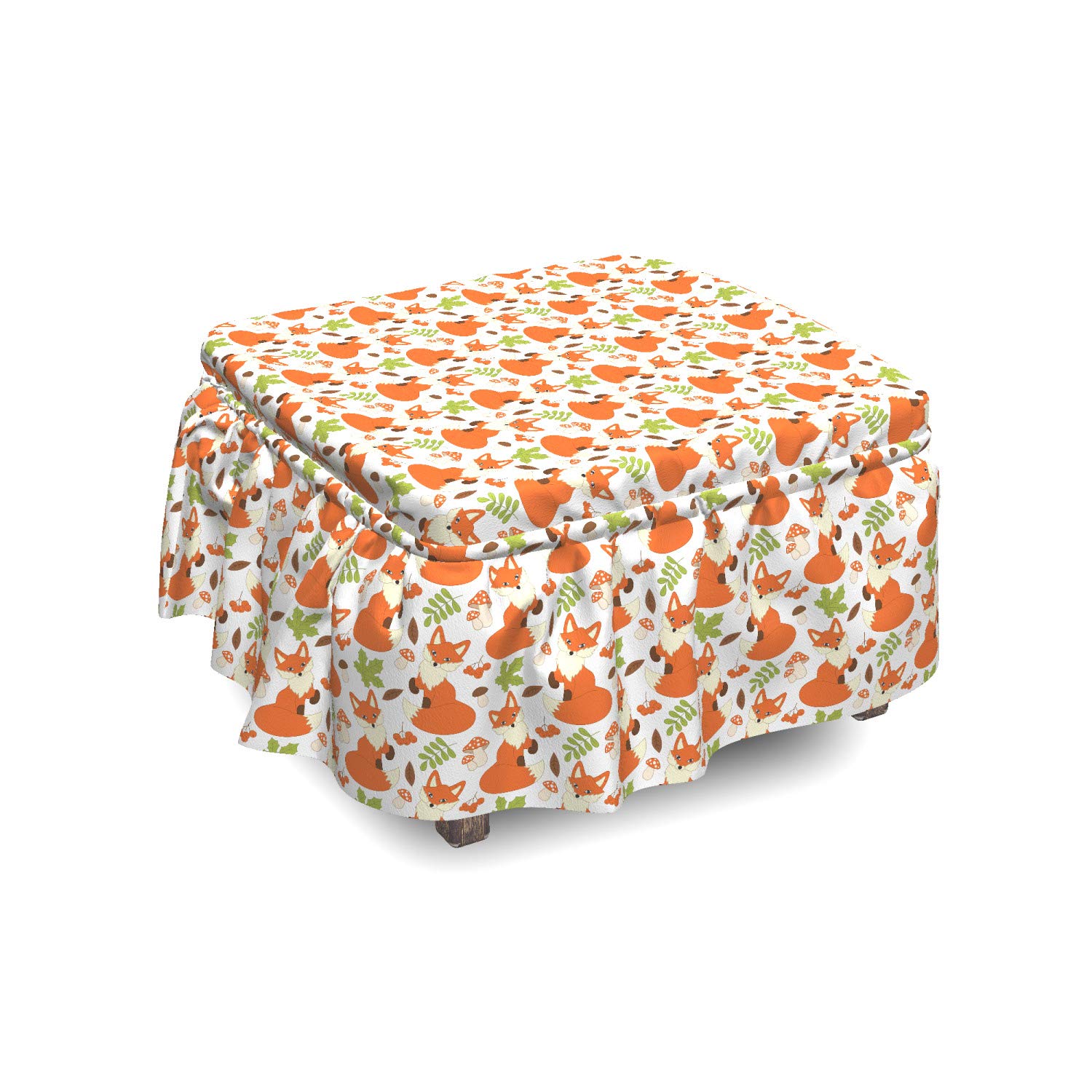 Ambesonne Fox Ottoman Cover 2-Piece Set - Forest Fauna & Flora Slipcover with Ruffle Skirt for Square/Round Footstools - Brown, Orange & Apple Green Home Decor - Perfect for Living Room, Bedroom or Nursery Accent