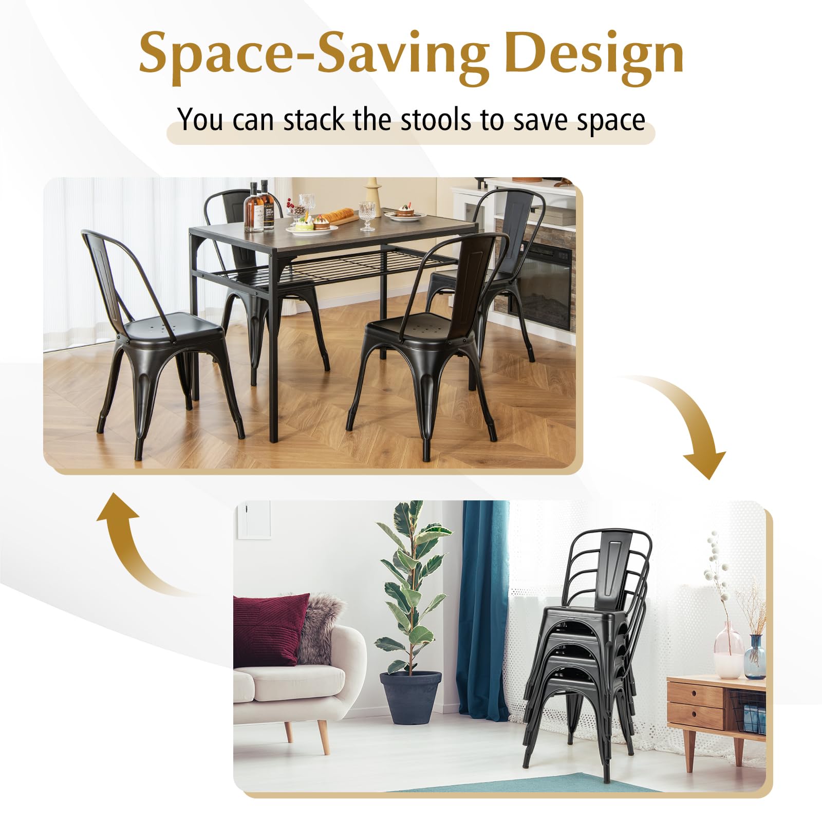 RELAX4LIFE 4-Pack Stackable Metal Dining Chairs with Detachable Backrest & Rubber Feet - Indoor Outdoor Kitchen, Cafe, Restaurant & Patio Use - Black Armless Bar Stools Set for Home & Commercial Spaces