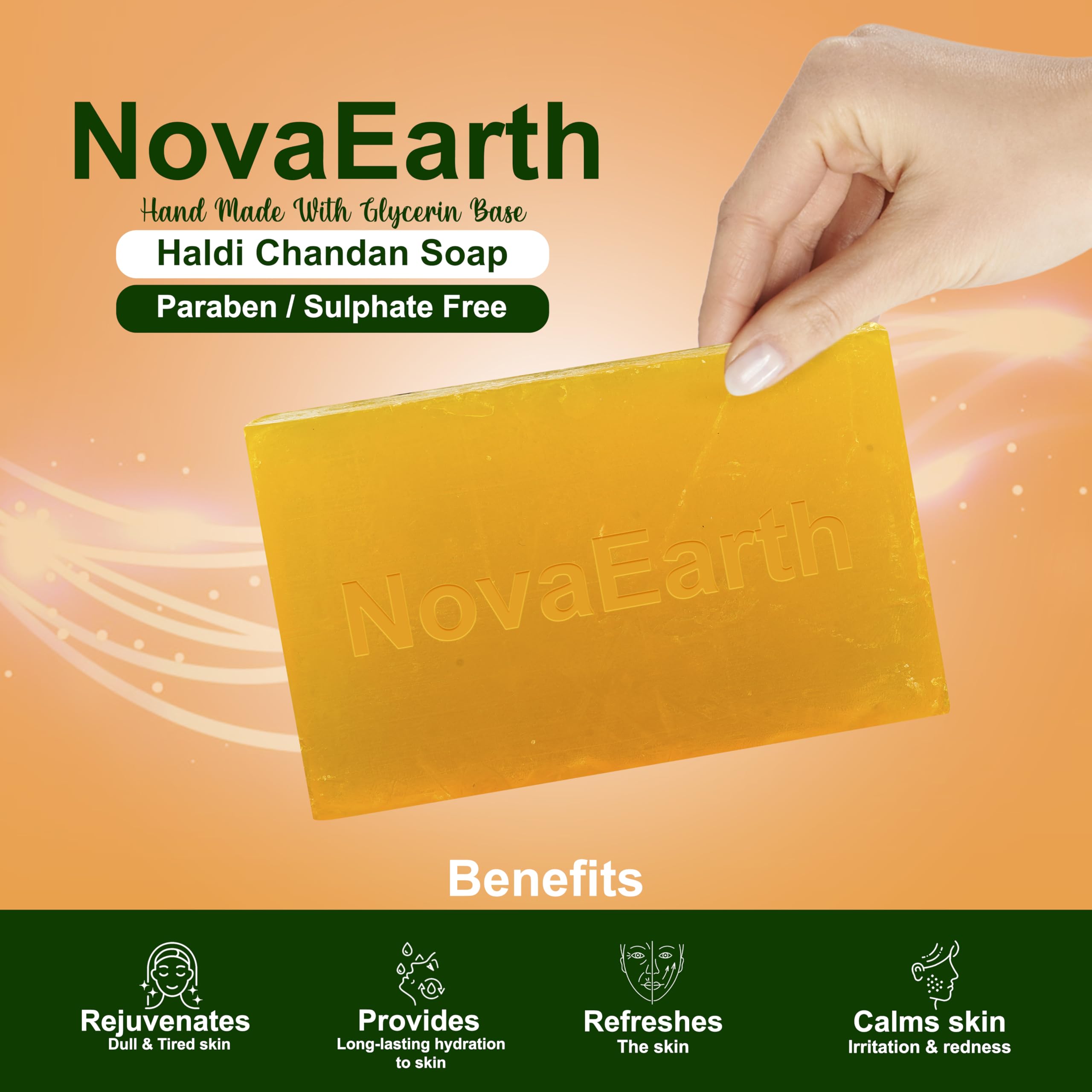 NovaEarth Haldi Chandan Ayurvedic Bathing Soap - Glycerin Base with Giloy, Suhaga, Amla, Neem & Amahaldi | Handmade Herbal Soap for All Skin Types | Anti-Aging, Moisturizing & Cleansing | 5-Pack (100g Each, Total 500g) | Perfect for Daily Skincare & Ayurvedic Wellness Routine