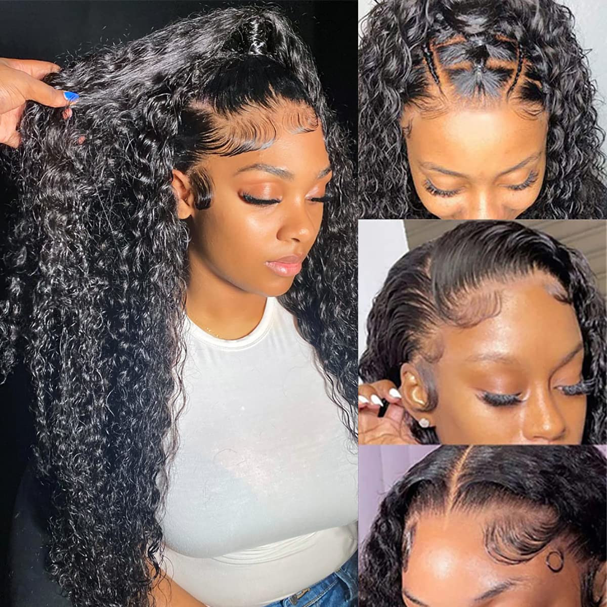28 Inch Lace Front Human Hair Wig - Deep Wave 180% Density Glueless Natural Curly Black Wig with Medium Cap Size & Full Coverage (Clips/Combs Attachment) for Everyday Wear, Parties, Cosplay & Special Occasions