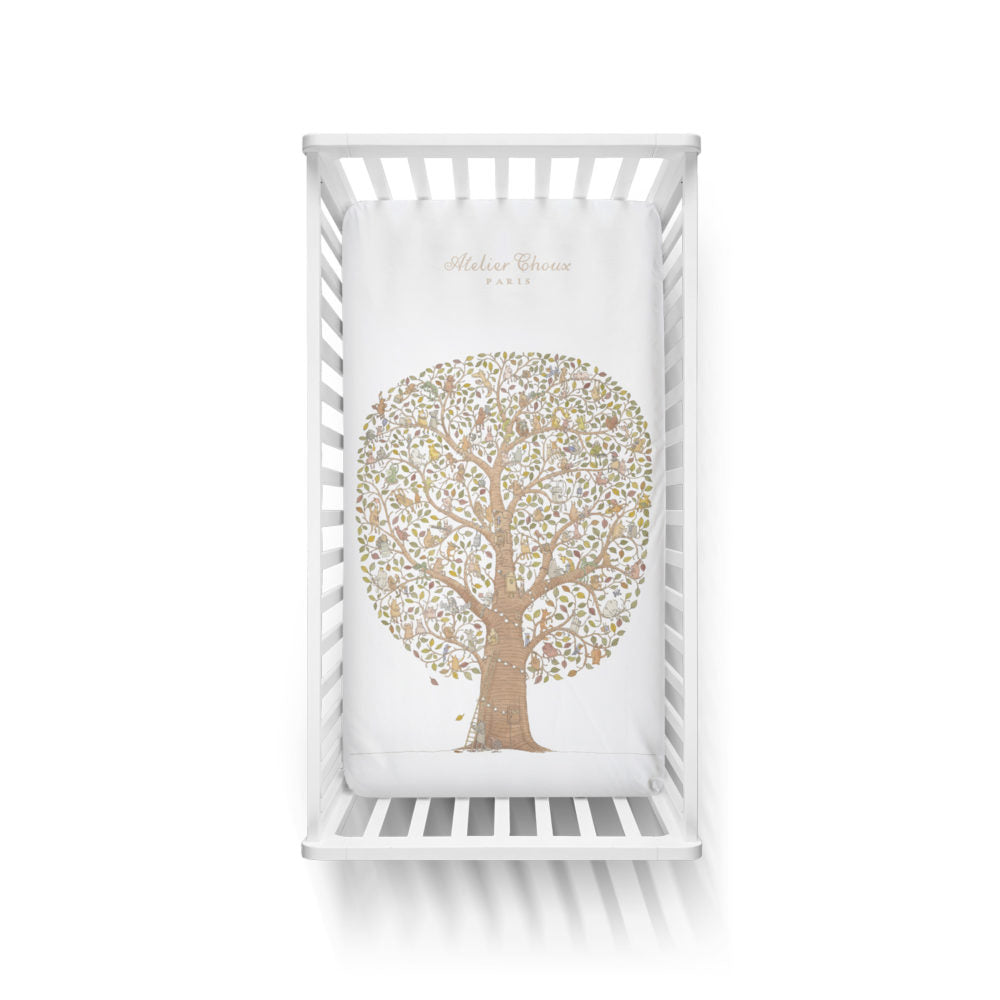 Atelier Choux Organic Cotton Fitted Crib Sheet - Friends & Family Tree Design for Baby Nursery & Gift