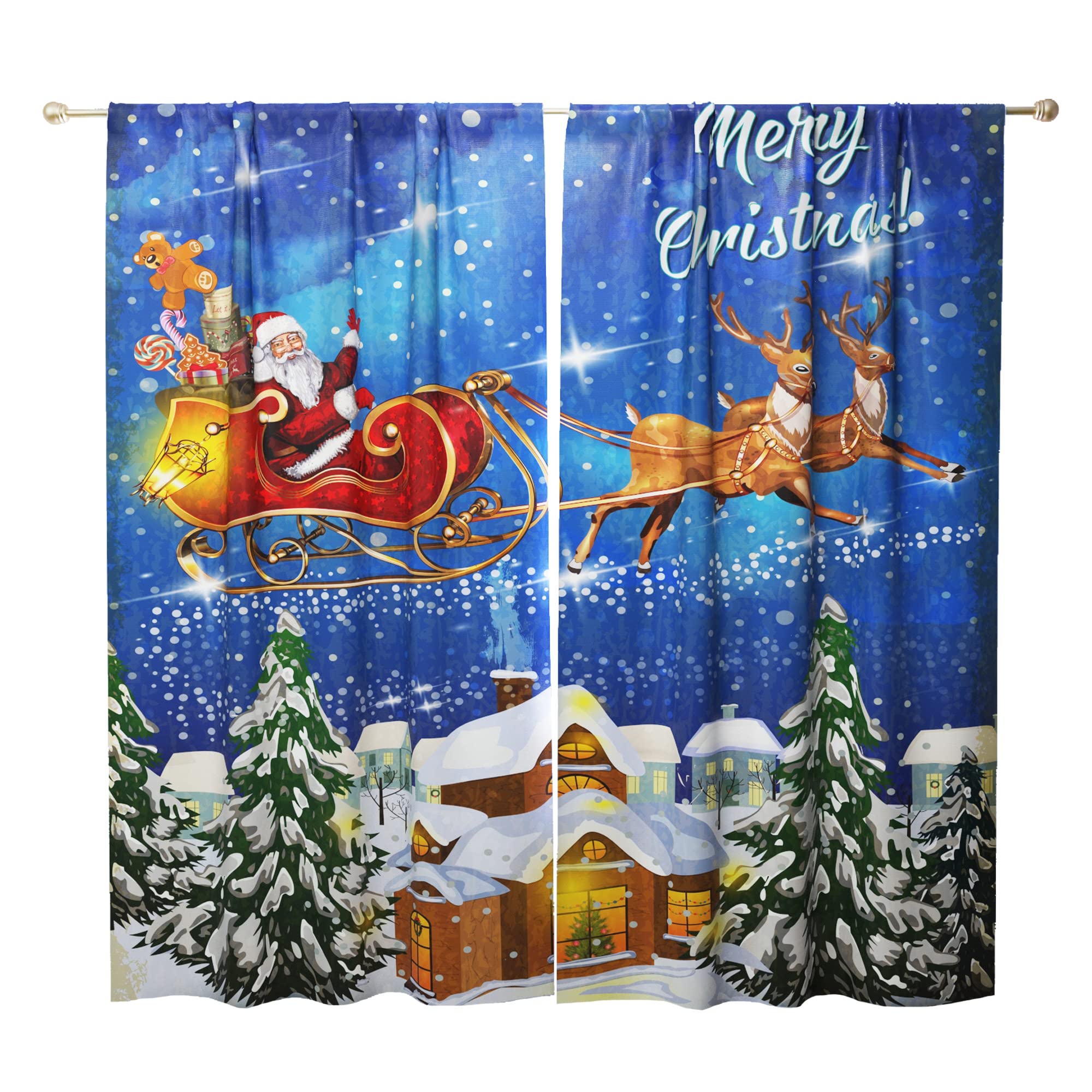 Royal Blue Christmas Curtains with Santa Claus Print - 84 Inch Length 2 Panel Set for Living Room, Bedroom, Kitchen & Kids Room - Winter Holiday Drapes for Cozy Home Decor & Festive Atmosphere