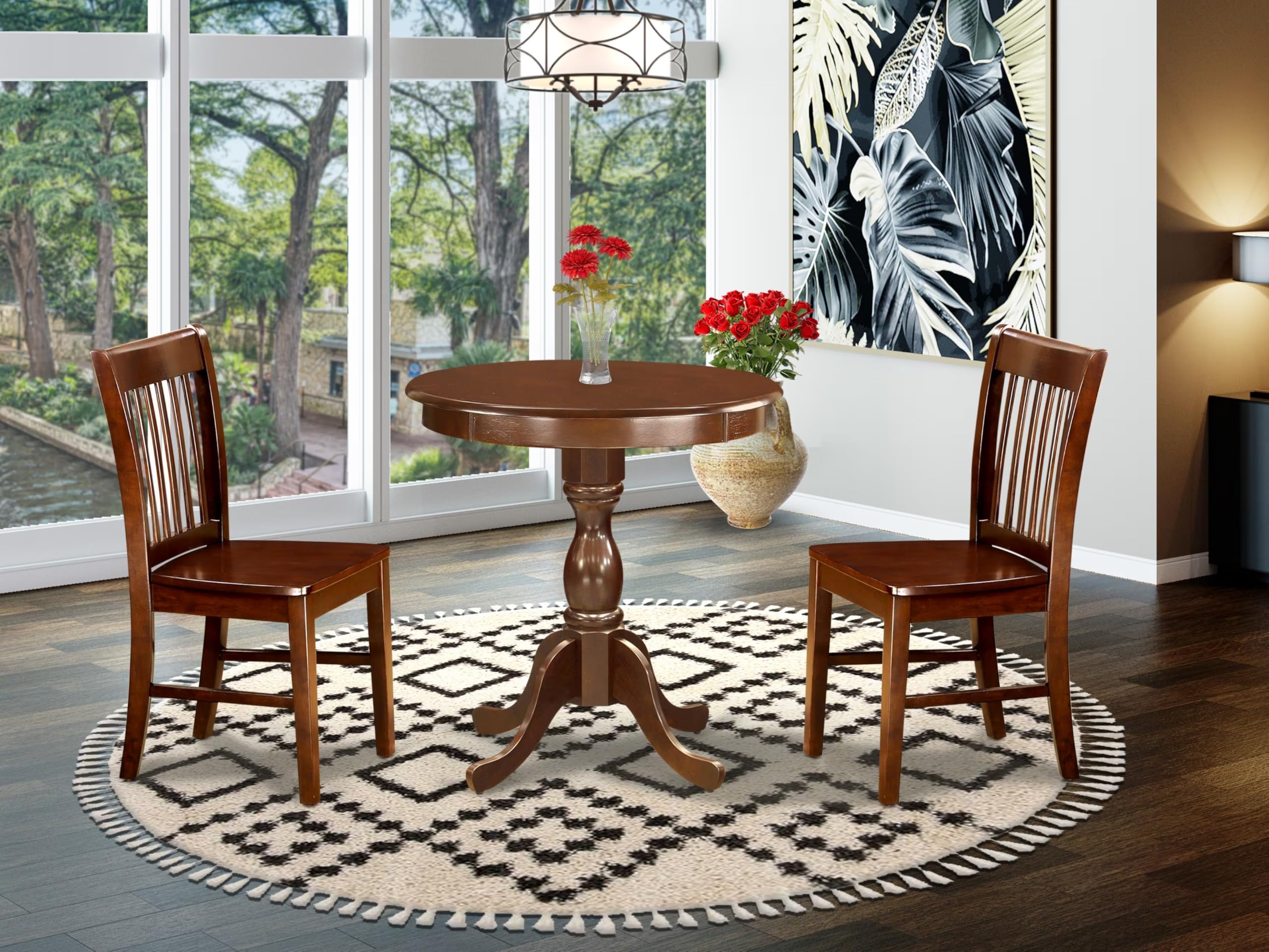 East West Furniture ESNF3-MAH-W 3-Piece Round Kitchen Table Set with Pedestal Base & 2 Dining Chairs - 30x30 Inch Mahogany - Space Saving Dining Set for Small Apartments, Breakfast Nooks & Cozy Kitchens