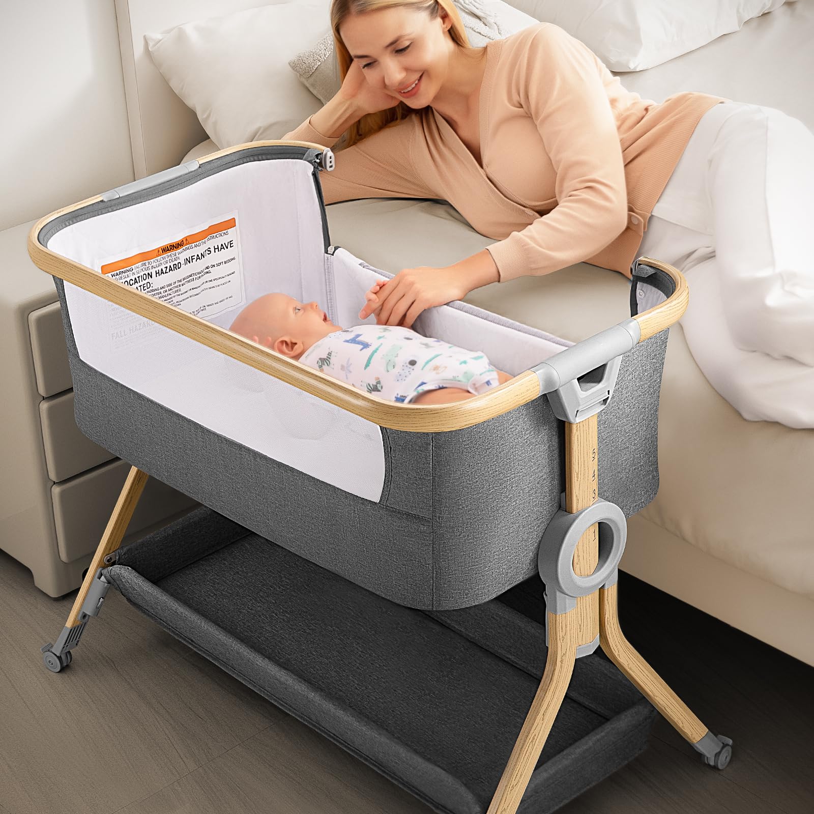 Larex 3-in-1 Baby Bassinet Bedside Sleeper with Breathable Mesh & Storage Basket - Adjustable Height Portable Crib for Newborns & Infants - Easy Assembly & Folding Design with Mattress - Perfect for Nursery, Bedroom & Travel Use