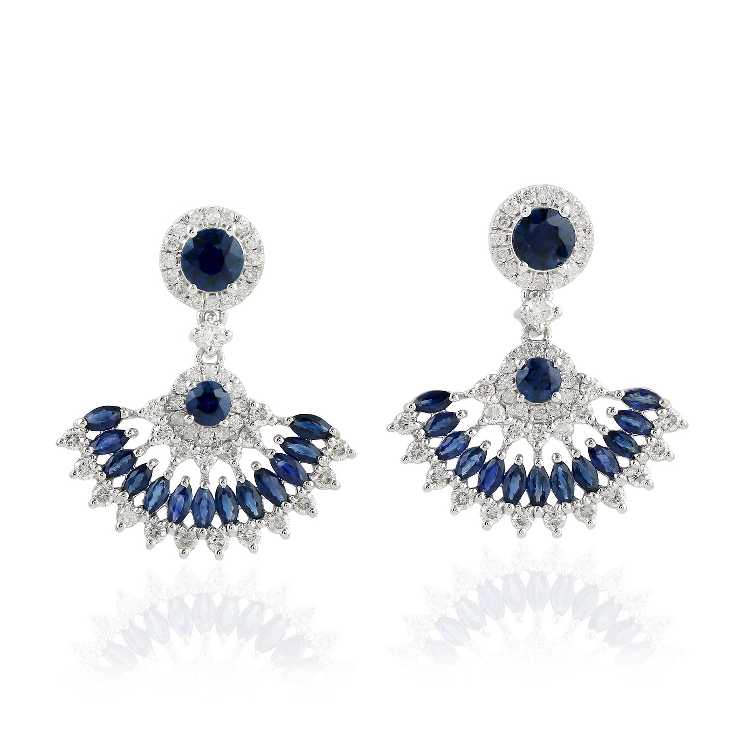 Exquisite Marquise Cut Blue Sapphire & Diamond Pave Fan Dangle Earrings in 18K White Gold | Elegant Jewelry for Weddings, Parties & Special Occasions
