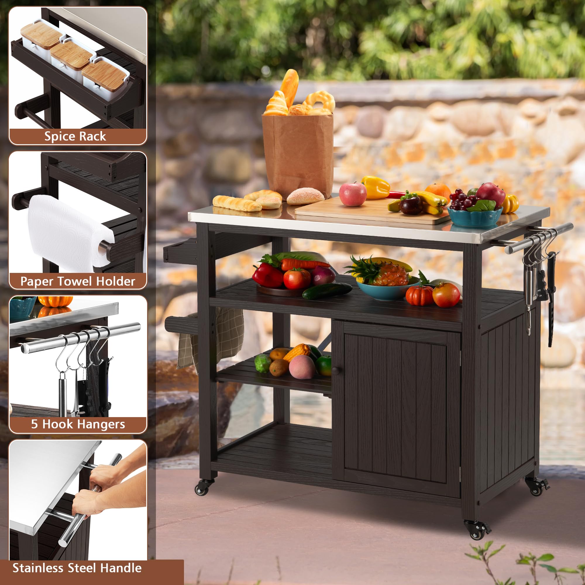 Premium AHB Outdoor Grill Table - Solid Wood Storage Cabinet with Stainless Steel Top | Rolling Kitchen Island & Movable Bar Cart for Patio, Backyard, Garden | Perfect for BBQs, Outdoor Cooking & Entertaining (Brown)