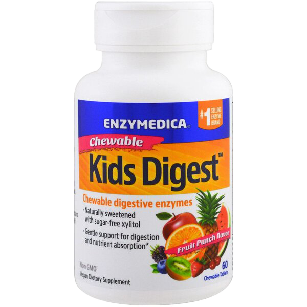 Enzymedica Kids Digest Chewable Tablets - Fruit Punch Flavor (60 Count) | Digestive Support for Kids | Perfect for Travel, School & Daily Use