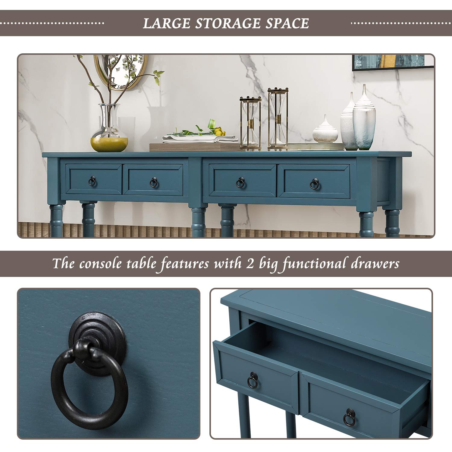 Polibi Rustic Entryway Console Table with 2 Storage Drawers & Open Shelf - Easy Assembly Sofa Table for Living Room, Hallway, Foyer - Antique Navy Finish for Farmhouse & Coastal Decor