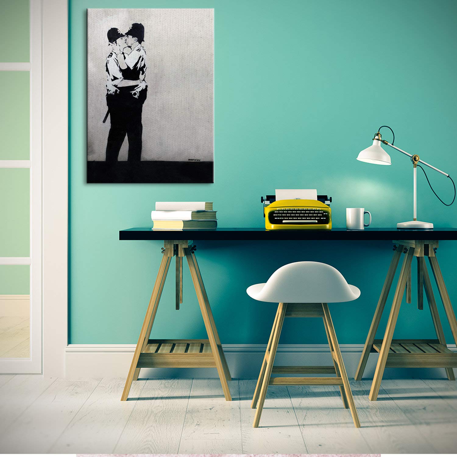 Banksy Canvas Art Print - Cops Kissing Street Graffiti Wall Decor - Urban Police Deputy Gay Artwork for Living Room, Bedroom & Office