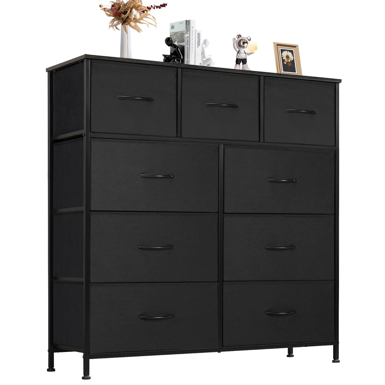 ANTONIA 9-Drawer Dresser for Bedroom - Tall Fabric Storage Tower with Cabinet & Wooden Top | Metal Frame Clothing Organizer for Closet, Nursery & Kids Room | Lightweight Chest Furniture in Black | Perfect for Small Spaces, Baby Essentials & Wardrobe Organization