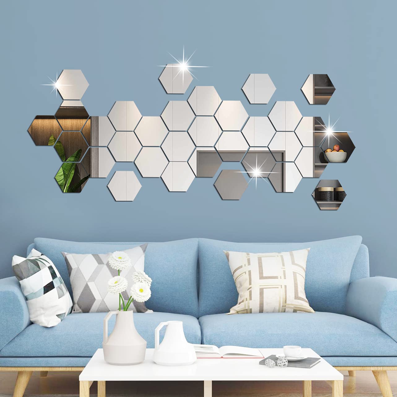 36PCS Removable Acrylic Mirror Wall Decals - Silver Hexagon Wall Stickers for DIY Home Decor | 3D Self-Adhesive Hexagonal Mirror Tiles | Perfect for Bedroom, Living Room, Bathroom & Sitting Room Wall Art Decoration
