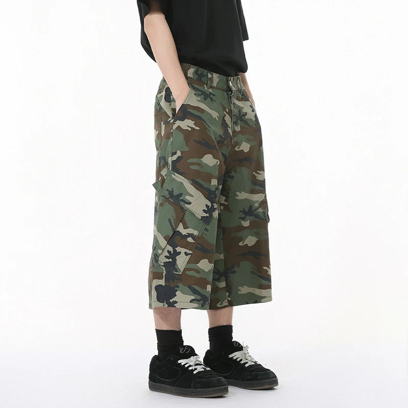 Men's American Style Camouflage Denim Shorts with Side Pockets & Patchwork Design - Casual Straight Wide Leg Baggy Jeans for Men | Perfect for Summer Outfits, Streetwear & Casual Wear