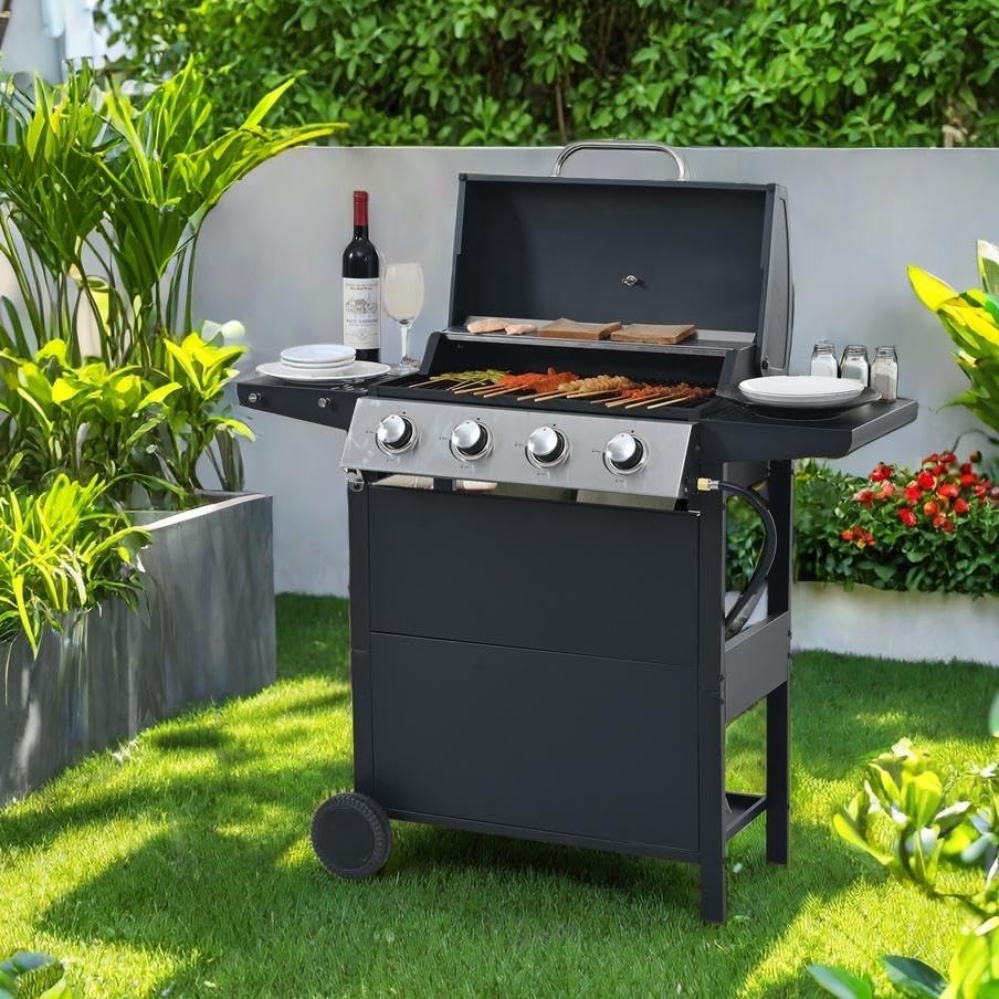 34,000 BTU 4-Burner Propane Gas Grill with 2 Shelves & Bottle Opener - Stainless Steel Outdoor BBQ Grill for Patio, Garden, Backyard Cooking & Grilling - Perfect for Family Gatherings, Tailgating & Camping (Black)