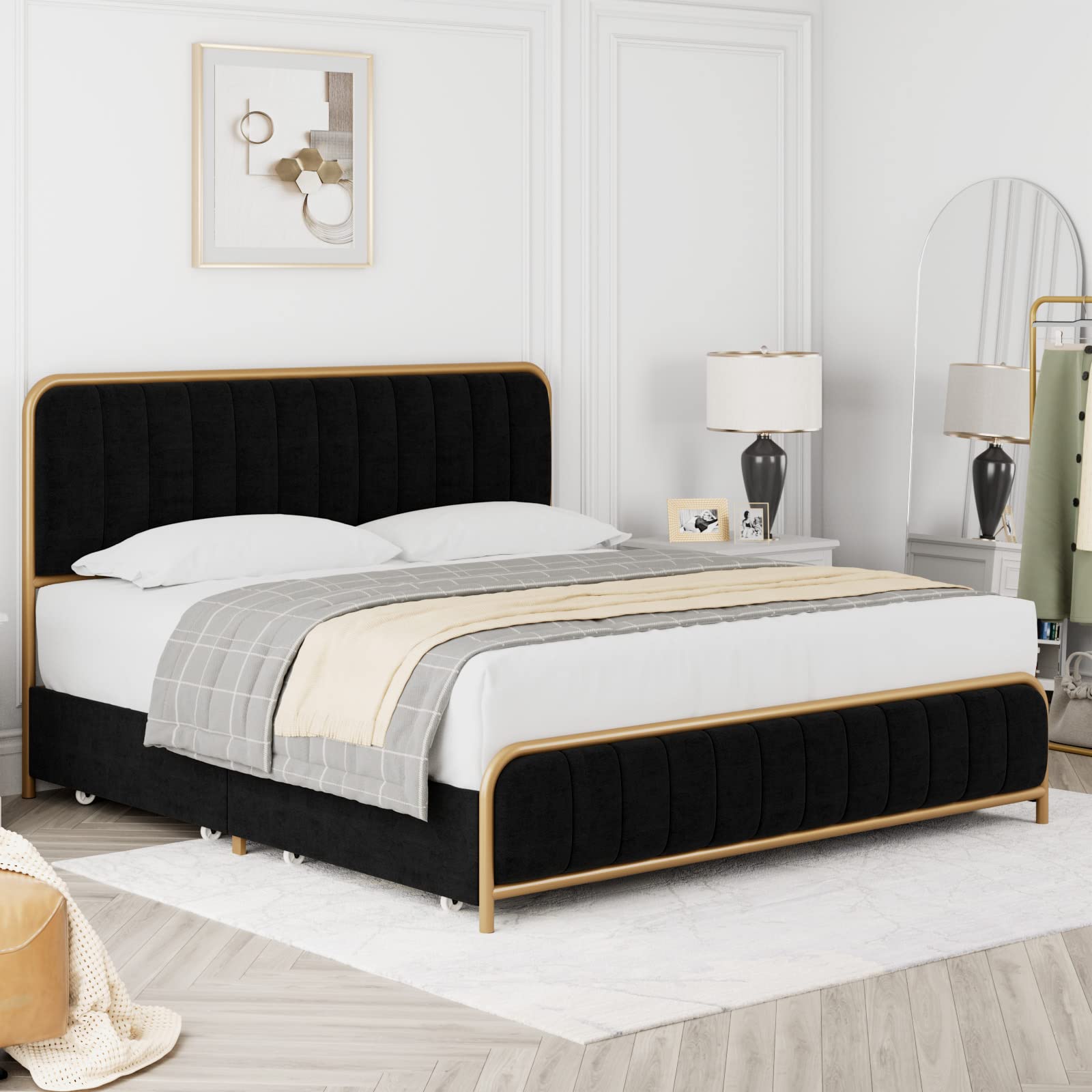 HITHOS Full Size Bed Frame with Storage Drawers & Headboard - Heavy Duty Metal Foundation for Bedroom (Golden/Black)