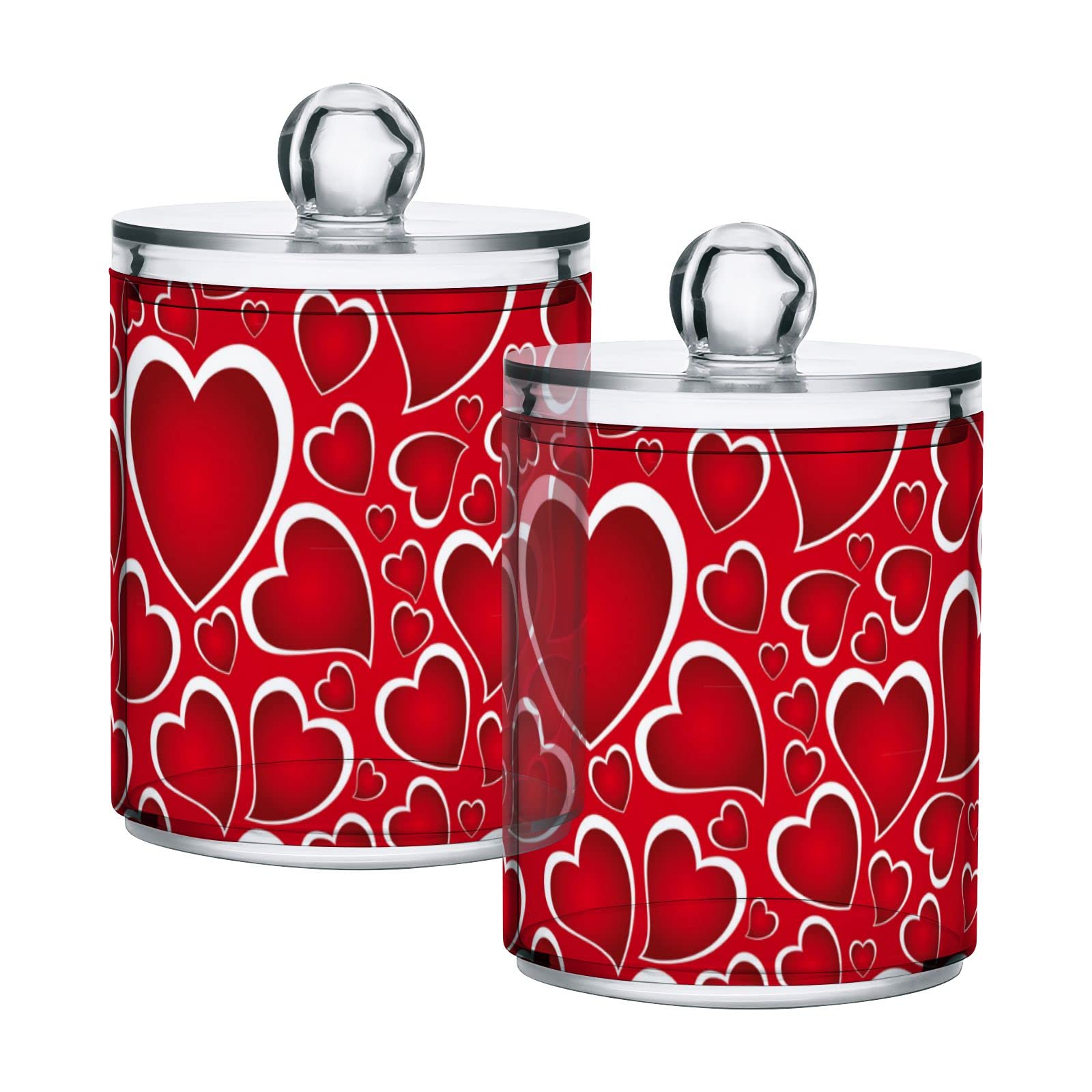 Valentine's Day Heart-Print Plastic Storage Jars with Lids - Set of 2 Translucent 10oz Food Containers for Cotton Swabs, Tea, Cookies & Dry Goods | Perfect for Kitchen Pantry Organization, Bathroom Essentials & Craft Supplies